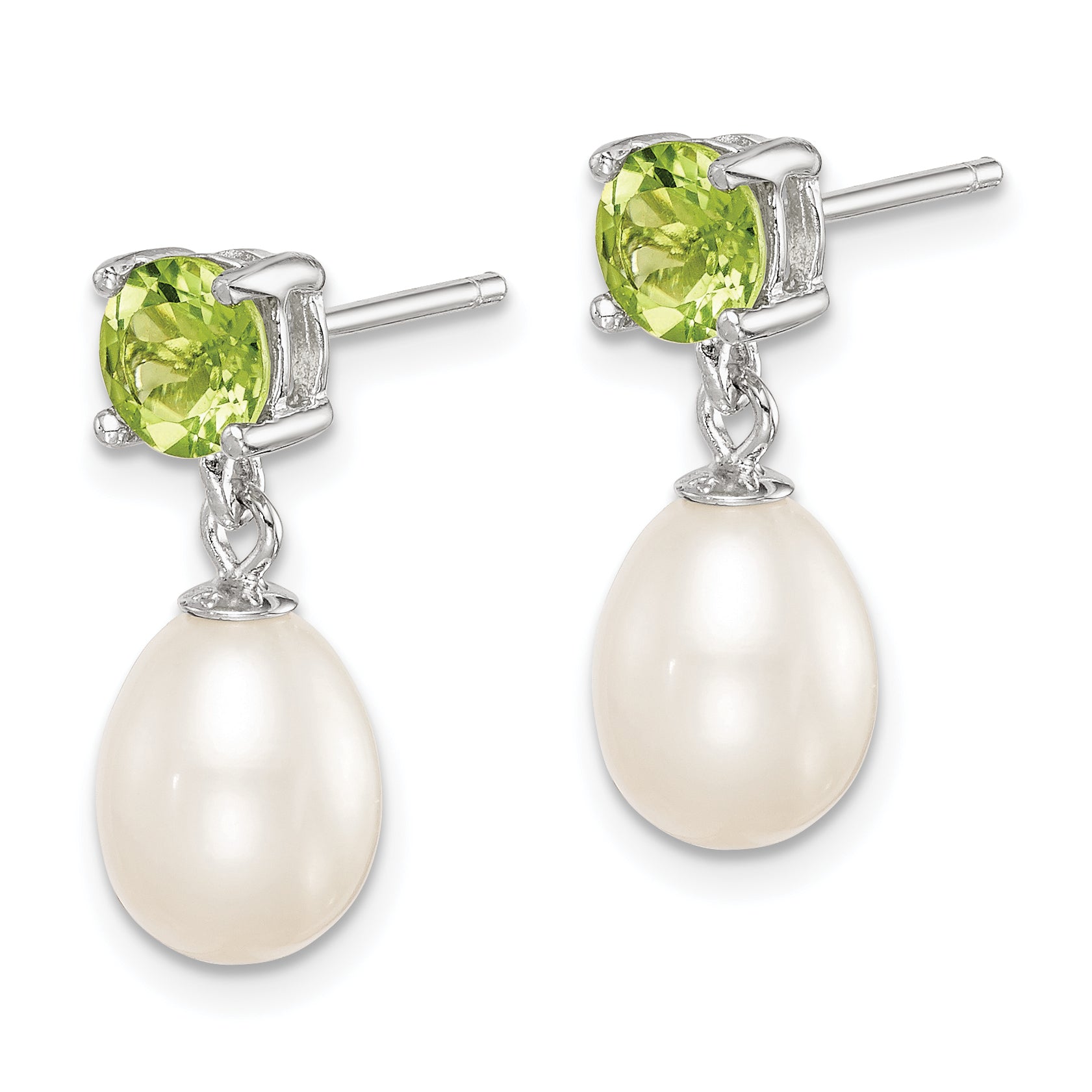 Sterling Silver Rhodium Plated Peridot and 7-8mm Freshwater Cultured Pearl Teardrop Dangle Post Earrings Secondary image