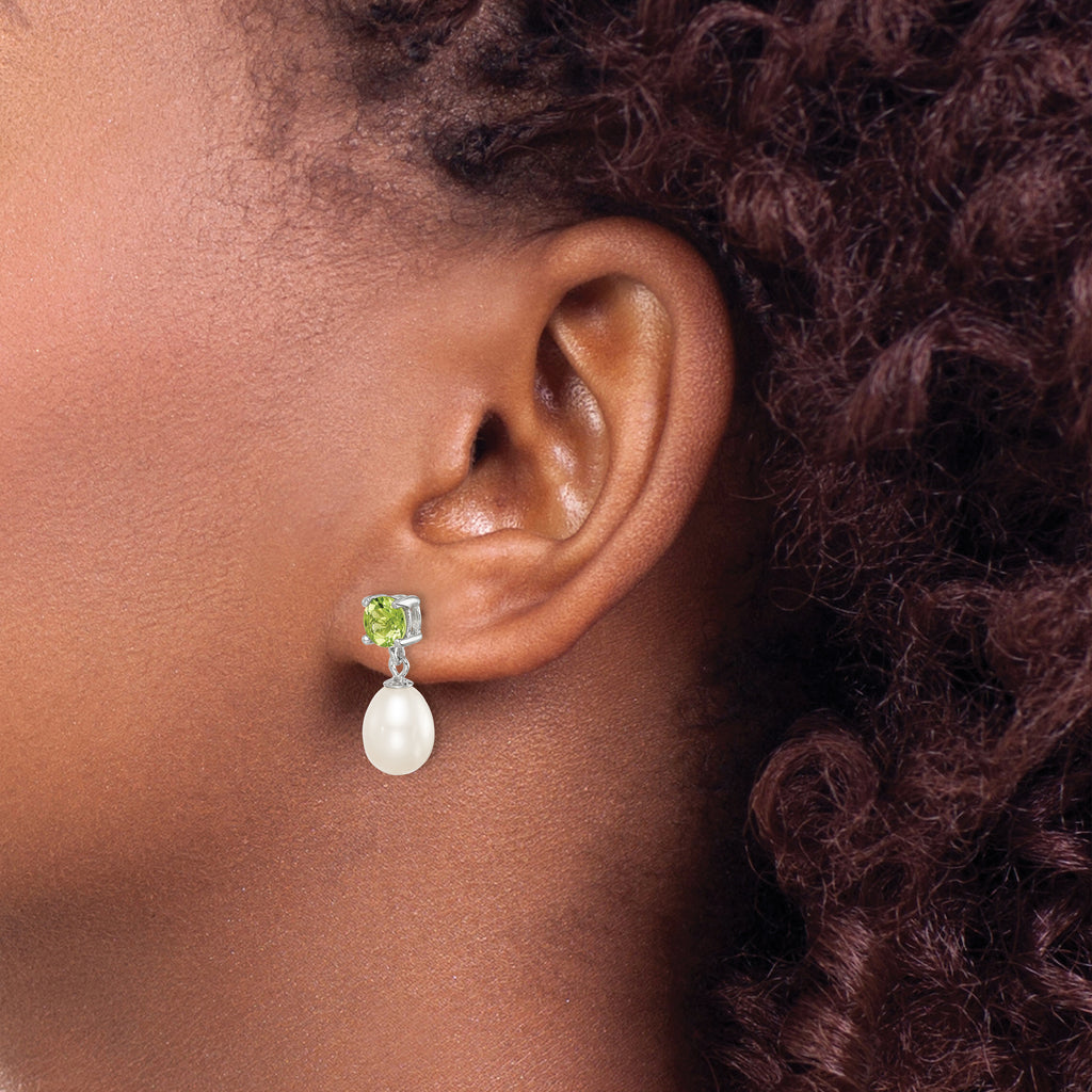 Sterling Silver Rhodium Plated Peridot and 7-8mm Freshwater Cultured Pearl Teardrop Dangle Post Earrings