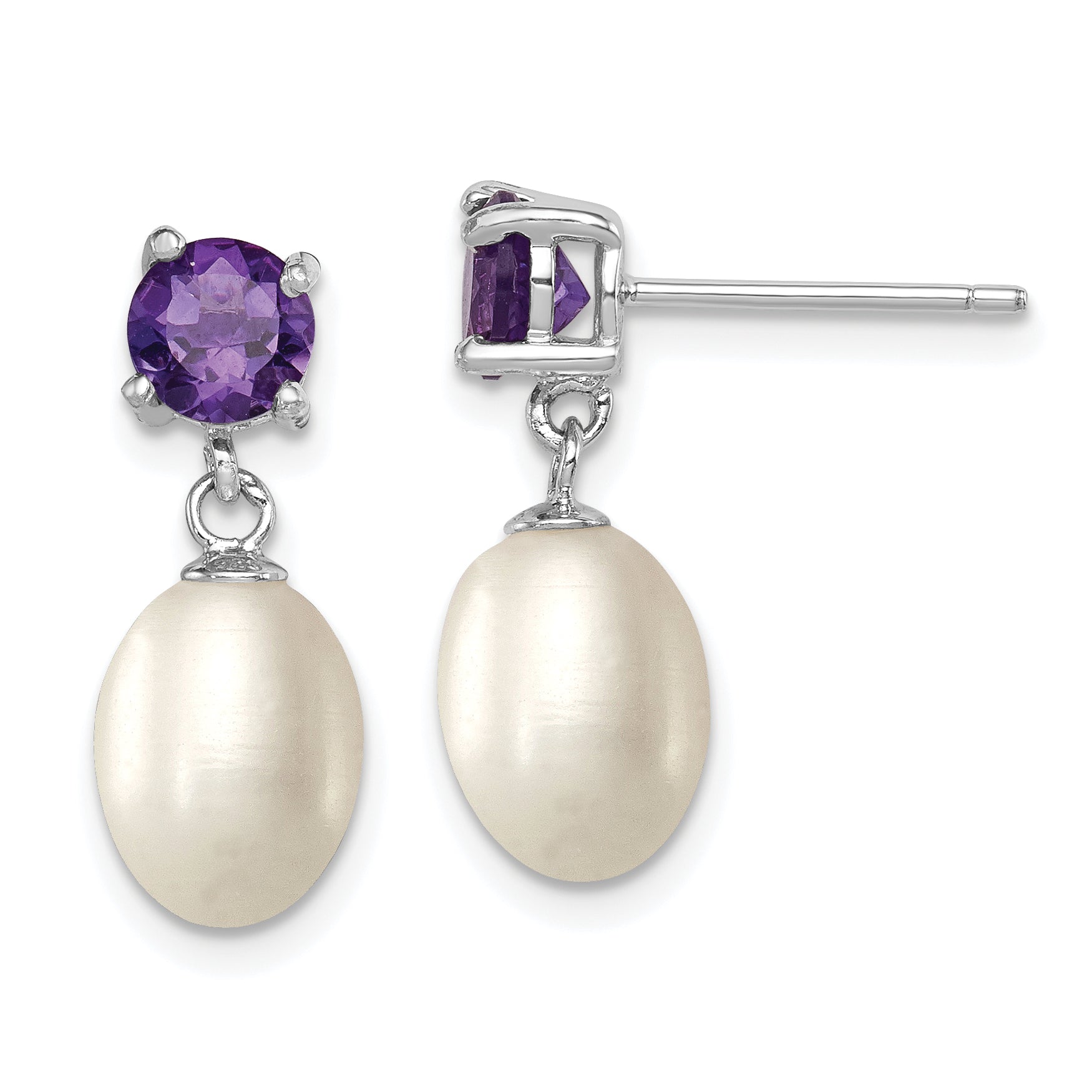 Sterling Silver Rhodium Plated Amethyst and 7-8mm Freshwater Cultured Pearl Teardrop Dangle Post Earrings Main image