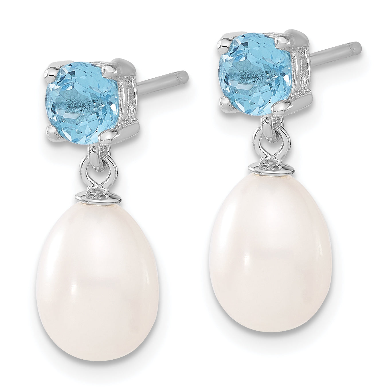 Sterling Silver Rhodium Plated Blue Topaz and 7-8mm Freshwater Cultured Pearl Teardrop Dangle Post Earrings Secondary image