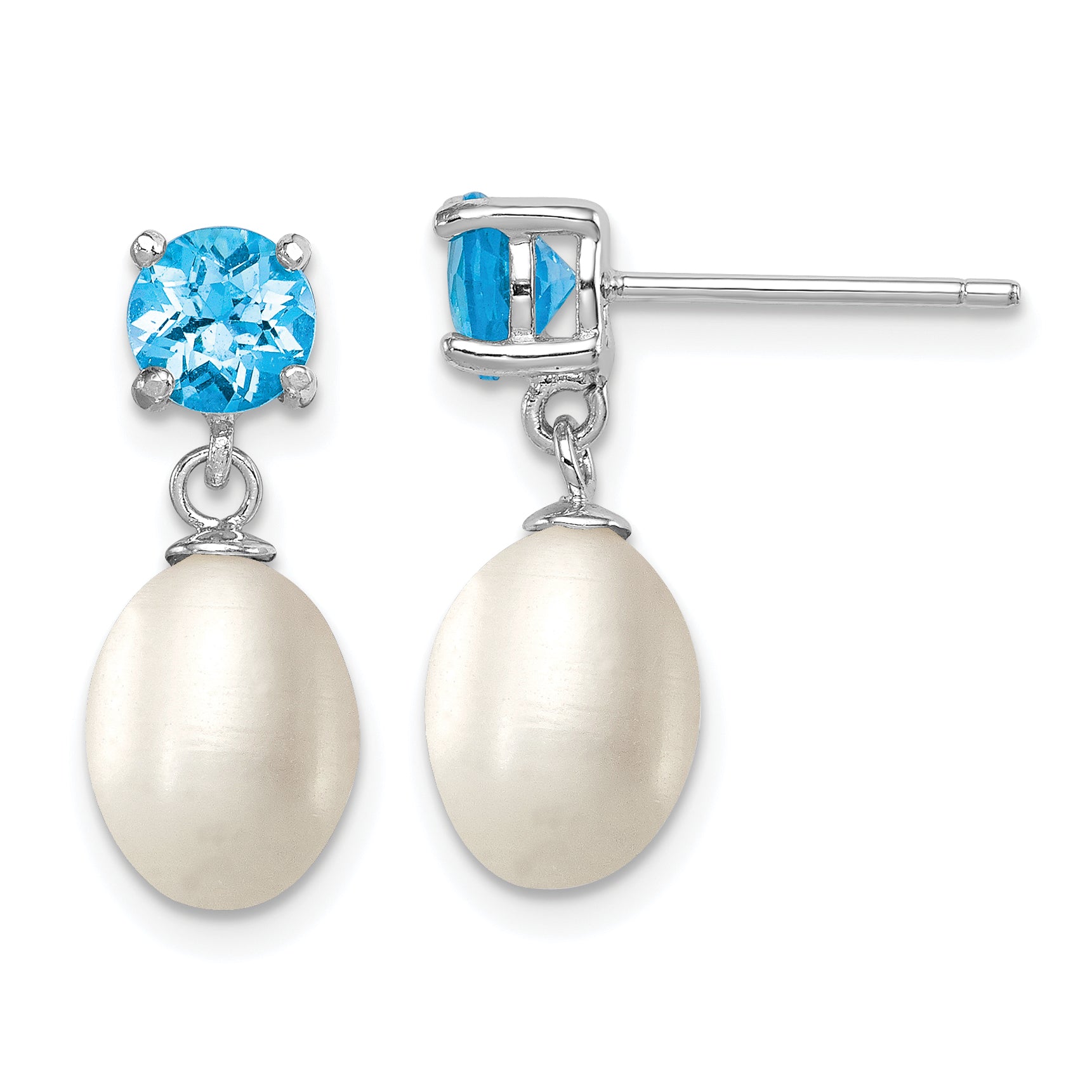 Sterling Silver Rhodium Plated Blue Topaz and 7-8mm Freshwater Cultured Pearl Teardrop Dangle Post Earrings Main image