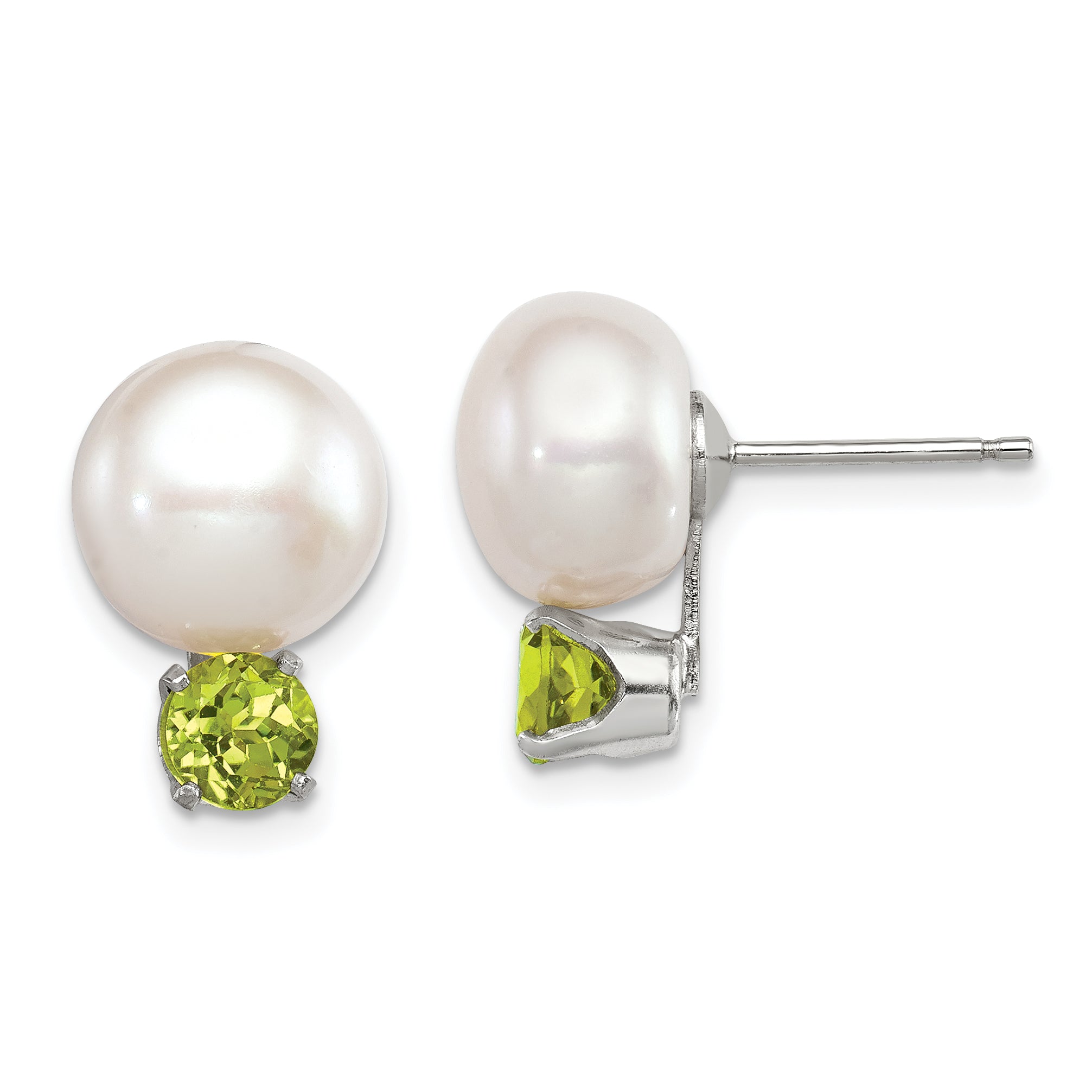 Sterling Silver Rhod-pltd 10-11mm FWC Button Pearl Peridot Earrings Main image