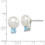Sterling Silver Rhod-pltd 10-11mm FWC Button Pearl Blue Topaz Earrings