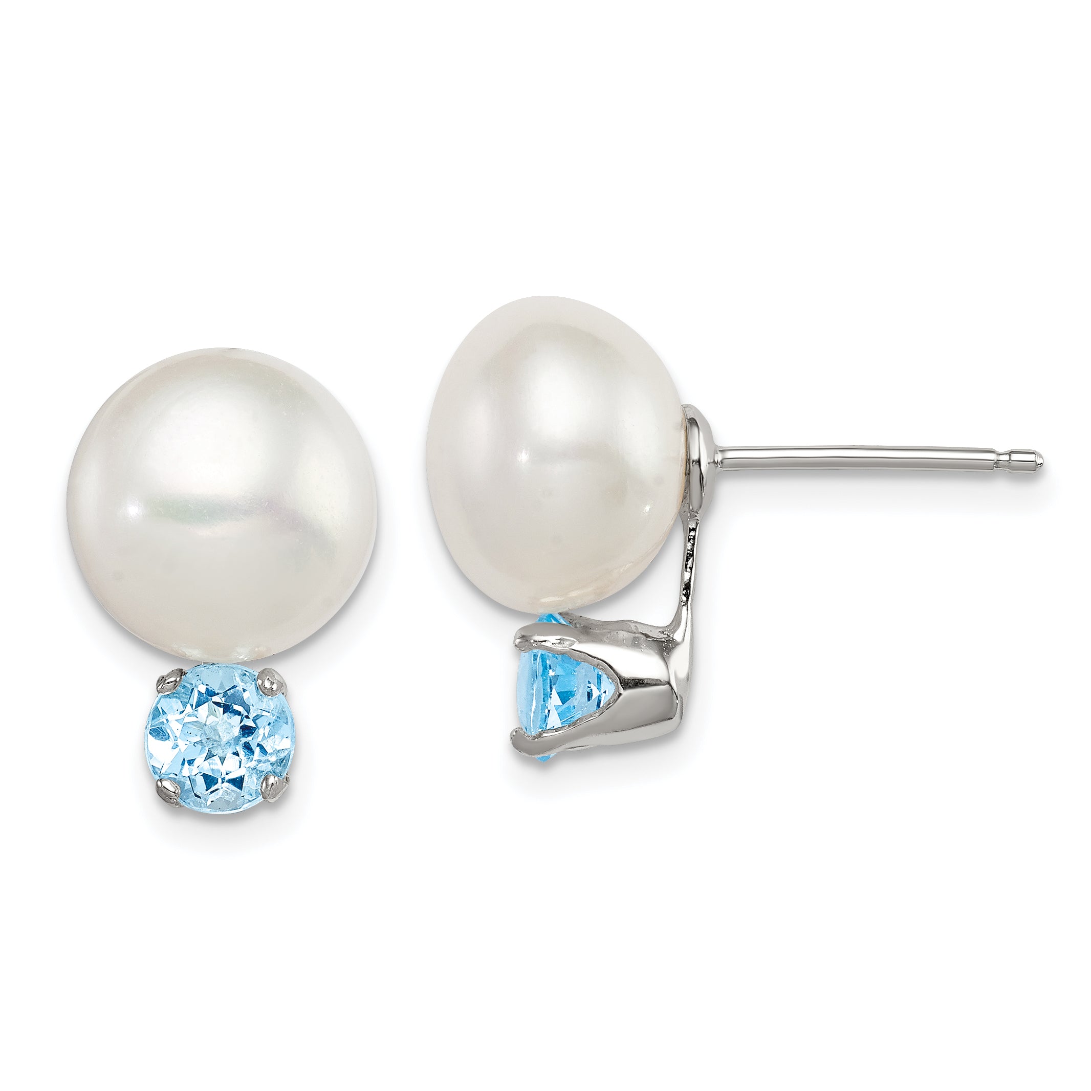 Sterling Silver Rhod-pltd 10-11mm FWC Button Pearl Blue Topaz Earrings Main image