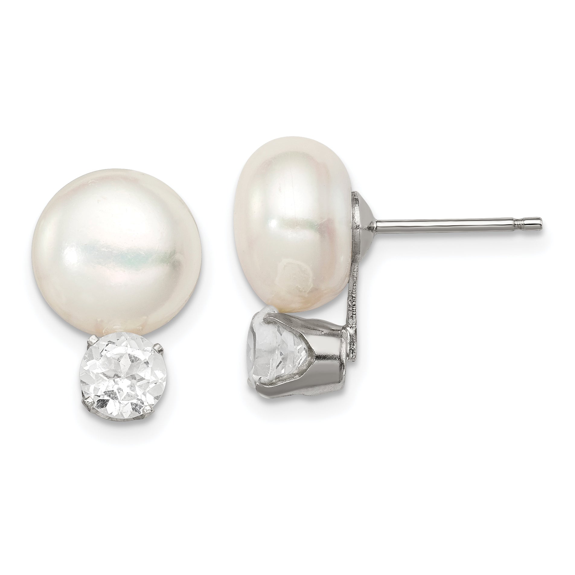 Sterling Silver RH-pltd 10-11mm FWC Button Pearl White Topaz Earrings Main image