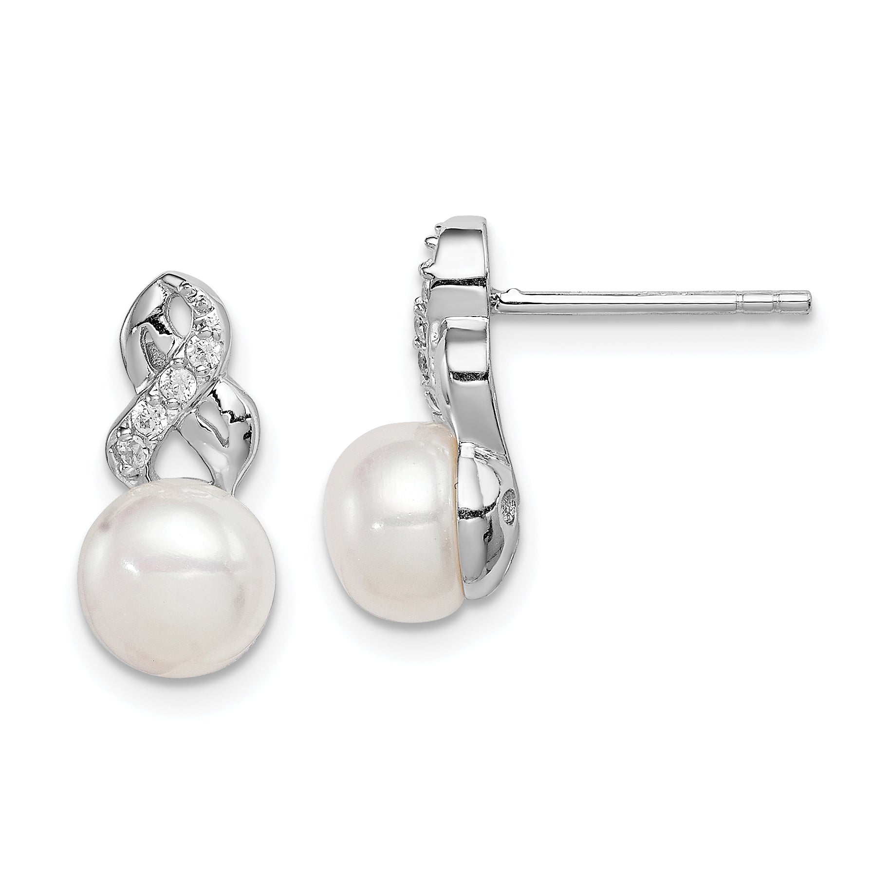 Sterling Silver Rhodium-plated 6-7mm White FWC Pearl CZ Post Earrings Main image