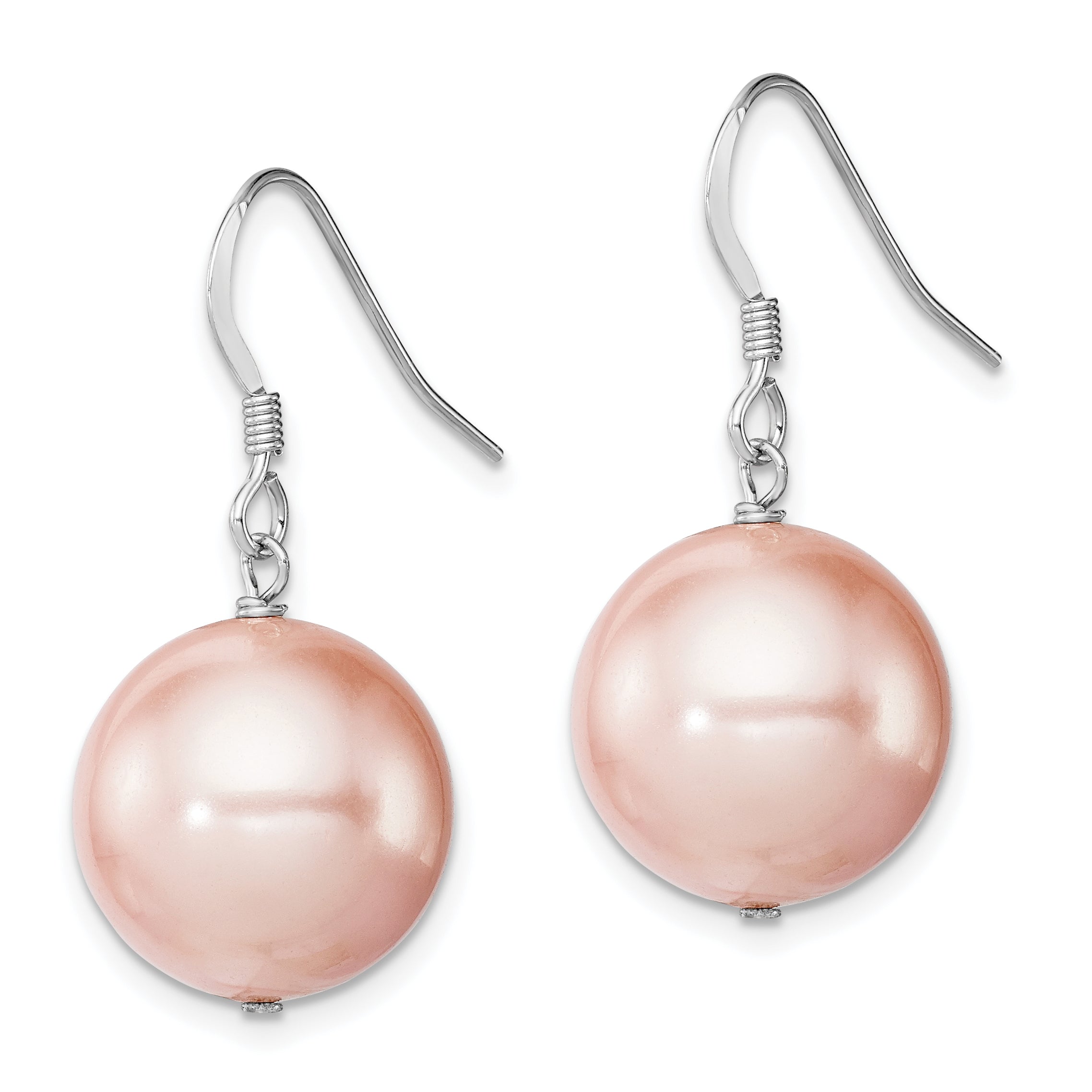 Sterling Silver Rhodium-plated Polished Pink 14-15mm Round Shell Pearl Dangle Earrings Secondary image
