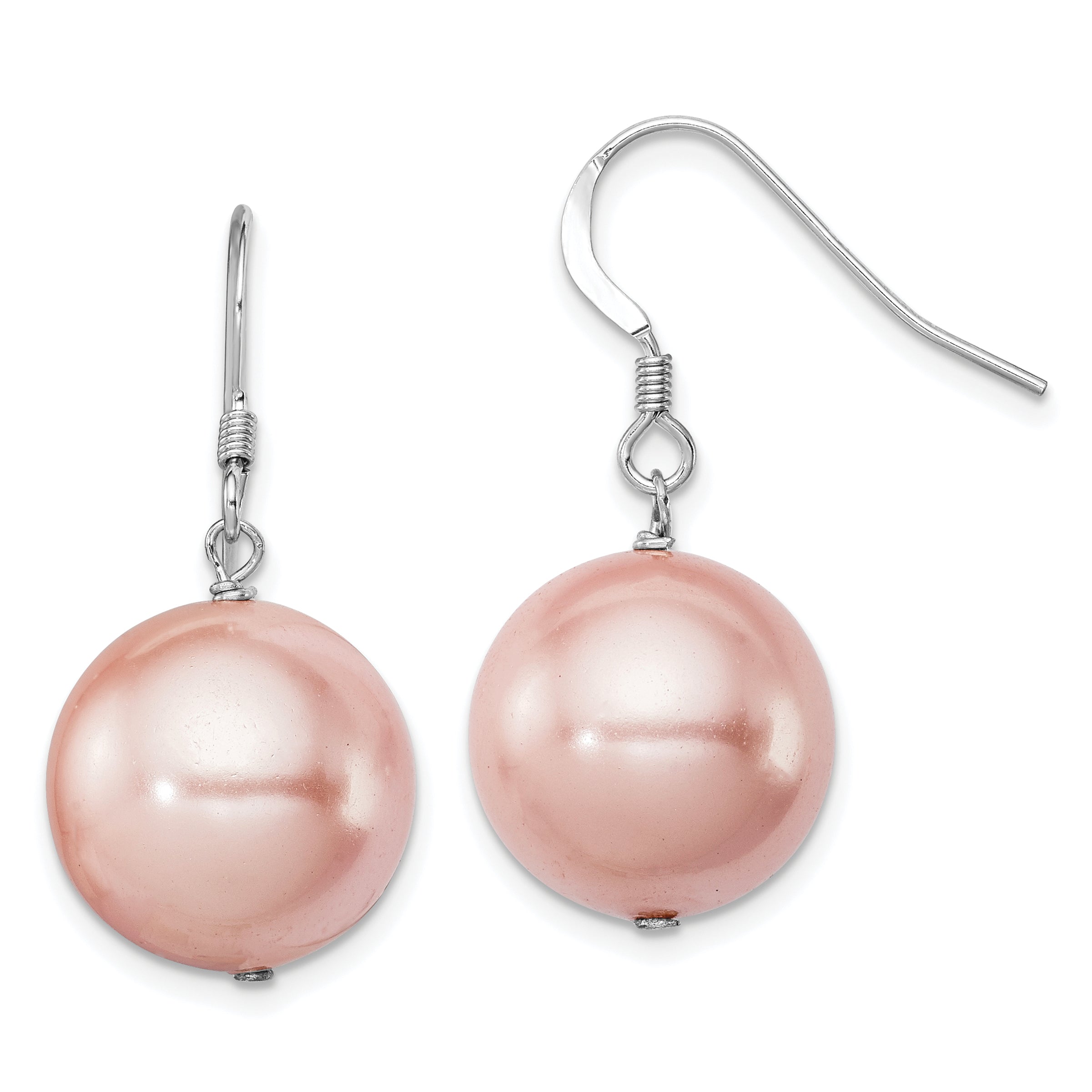 Sterling Silver Rhodium-plated Polished Pink 14-15mm Round Shell Pearl Dangle Earrings Main image