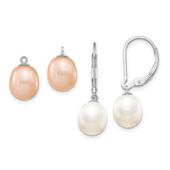 Sterling Silver Rhod 7-8mm FWC Pearl Leverback 2pc Enhancer Set