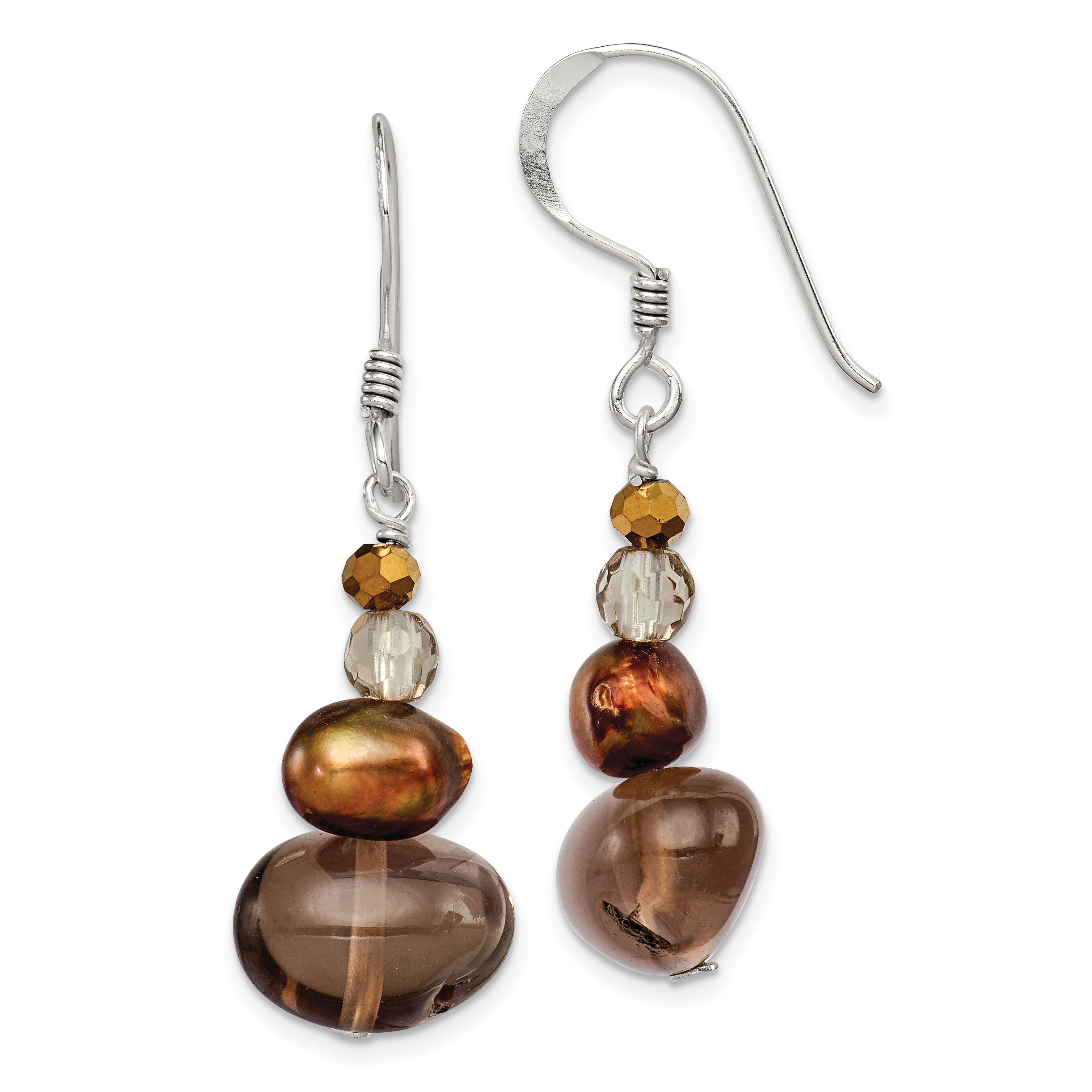 Sterling Silver Polished FWC Pearl, Crystal & Smoky Quartz Dangle Earrings Main image