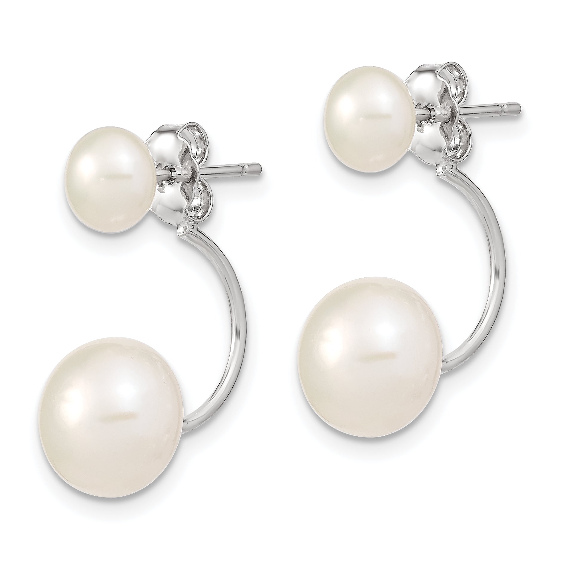 Sterling Silver Rhodium-plated Polished 5-6mm & 8-9mm White Freshwater Cultured Pearl Front & Back Post Dangle Earrings Secondary image