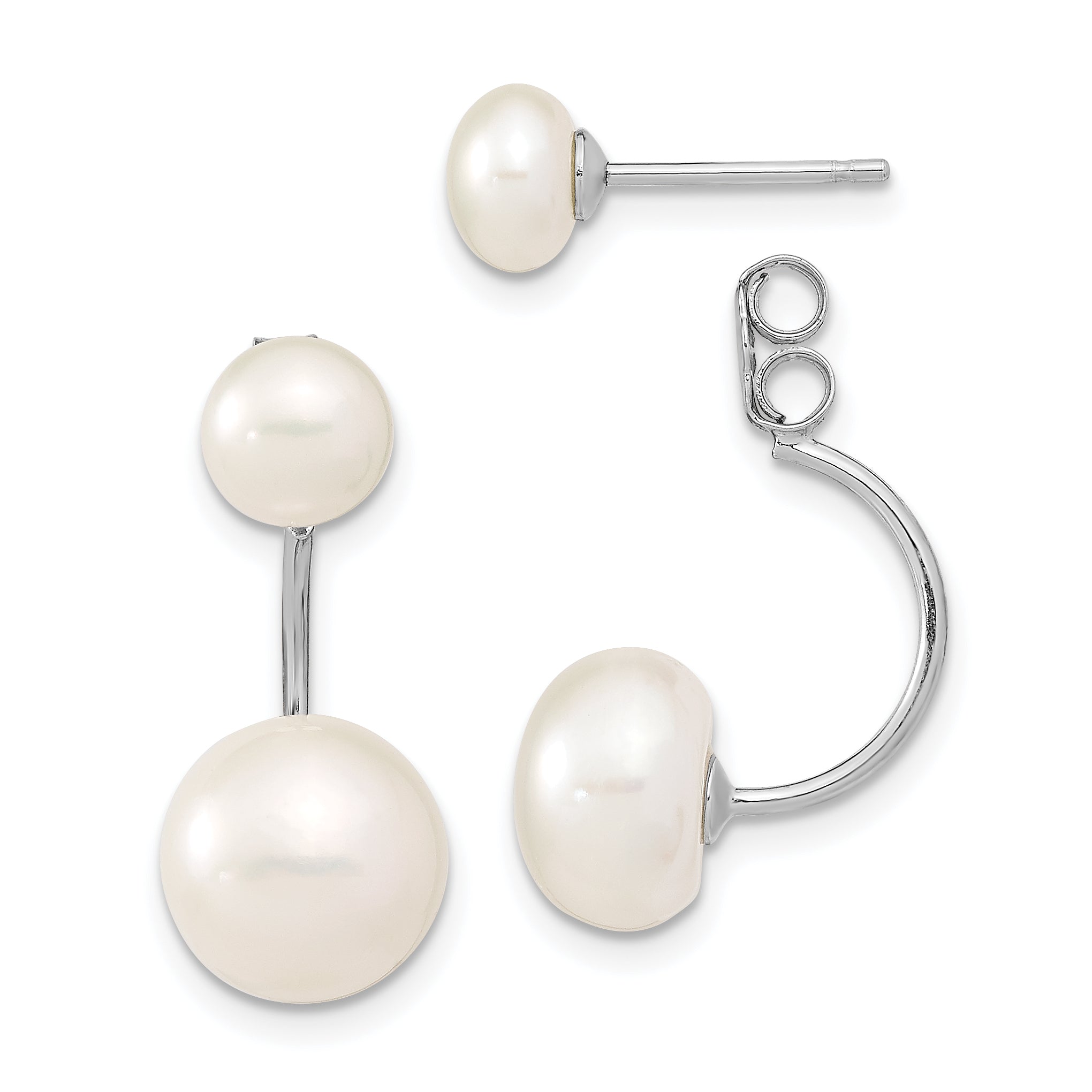 Sterling Silver Rhodium-plated Polished 5-6mm & 8-9mm White Freshwater Cultured Pearl Front & Back Post Dangle Earrings Main image