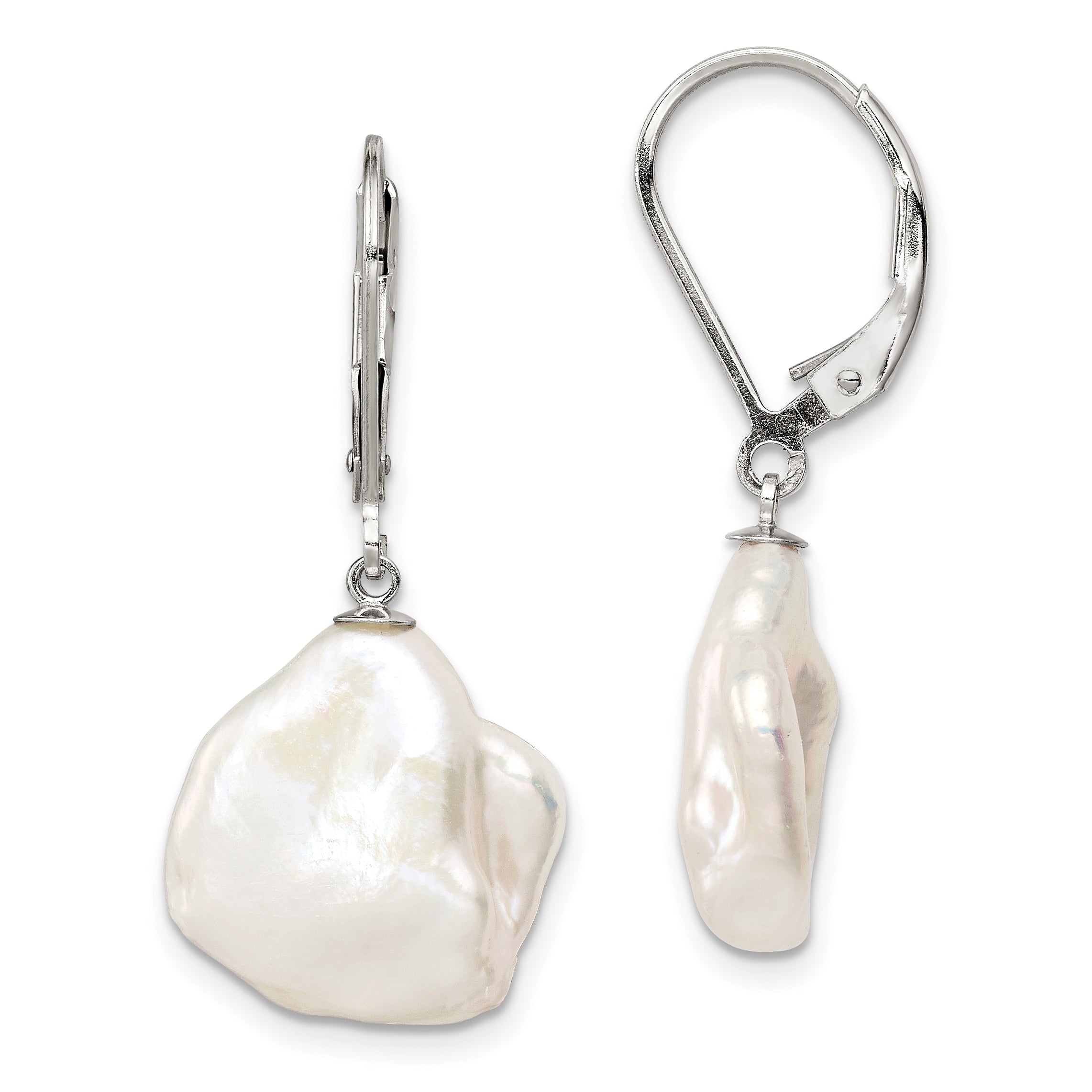 Sterling Silver Rhodium-plated Polished White 13-15mm Keshi Freshwater Cultured Pearl Leverback Dangle Earrings Main image