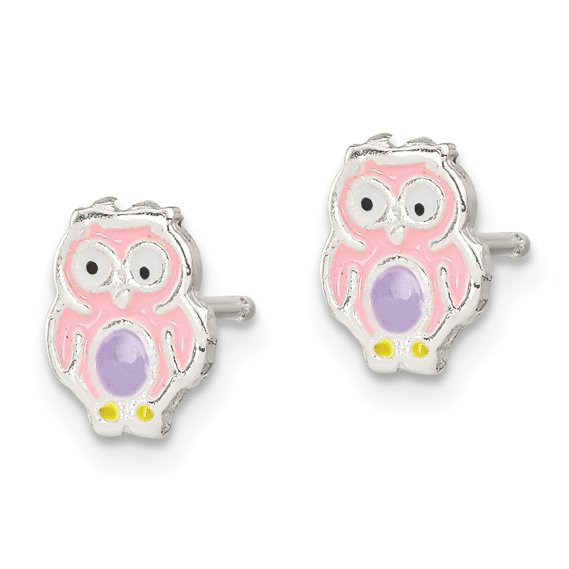 Sterling Silver Polished & Multi-color Enameled Owl Children's Post Earrings Secondary image
