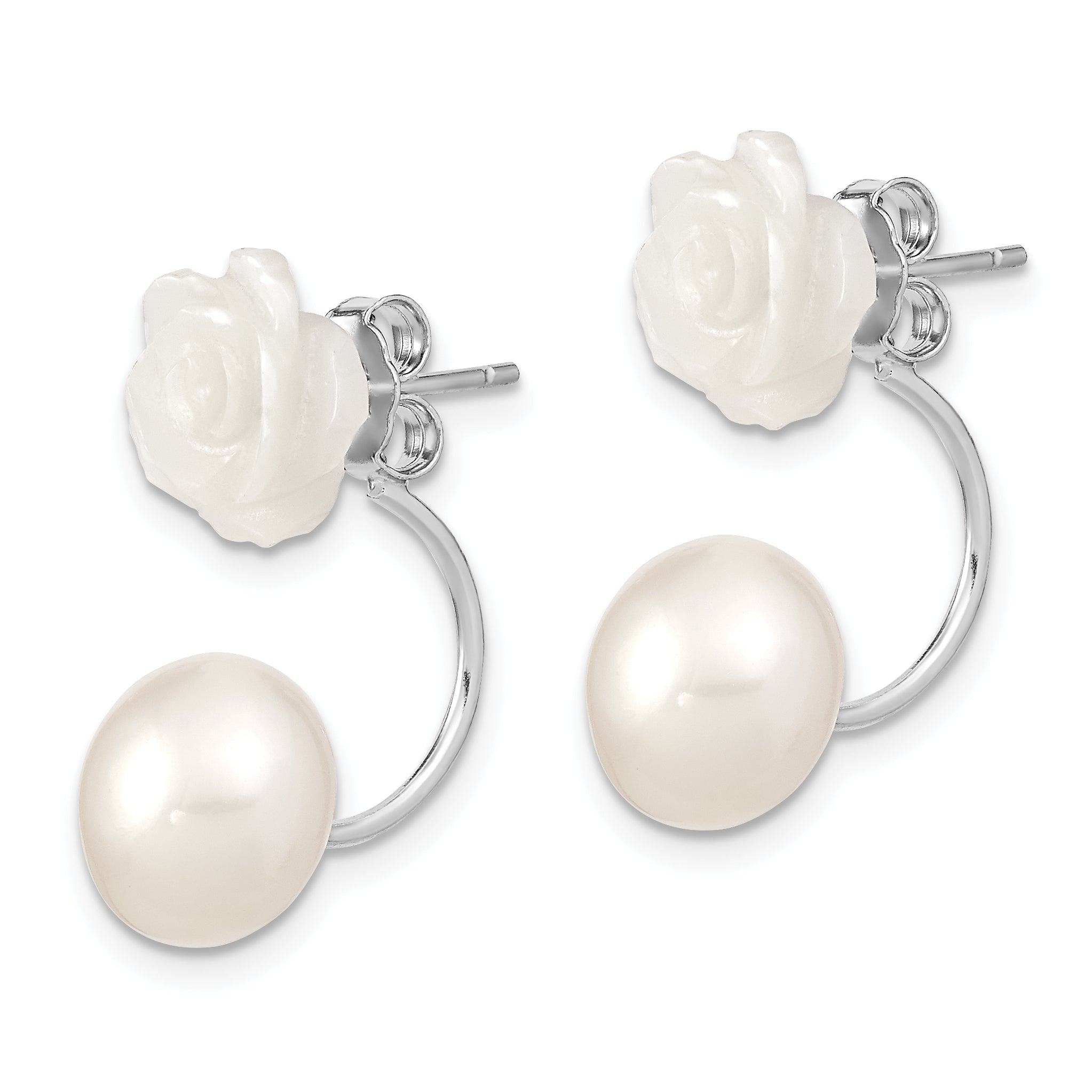 Sterling Silver Rhodium-plated 8-9mm Freshwater Cultured Pearl & Mother of Pearl Flower Front & Back Post Dangle Earrings Secondary image