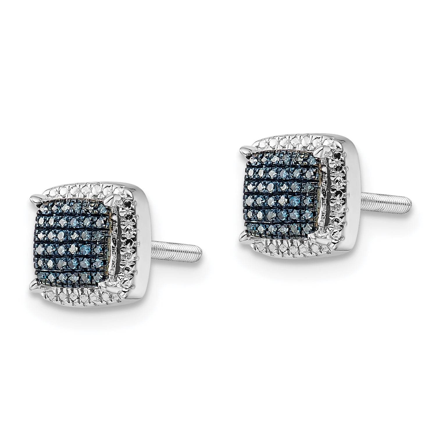 White Night Sterling Silver Rhodium-plated Blue Diamond Square Screwback Post Earrings