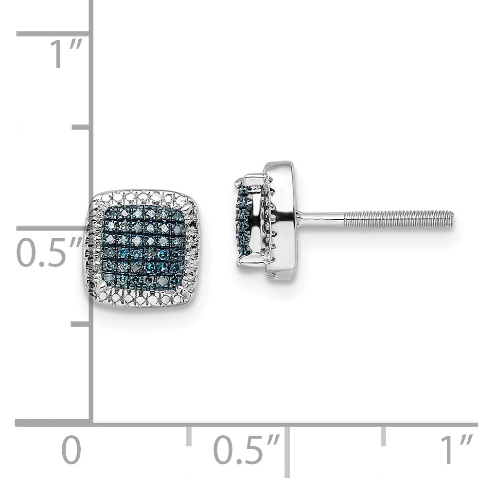 White Night Sterling Silver Rhodium-plated Blue Diamond Square Screwback Post Earrings