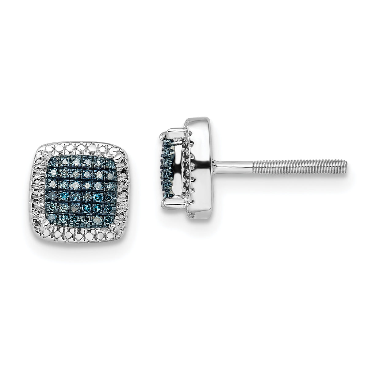 White Night Sterling Silver Rhodium-plated Blue Diamond Square Screwback Post Earrings