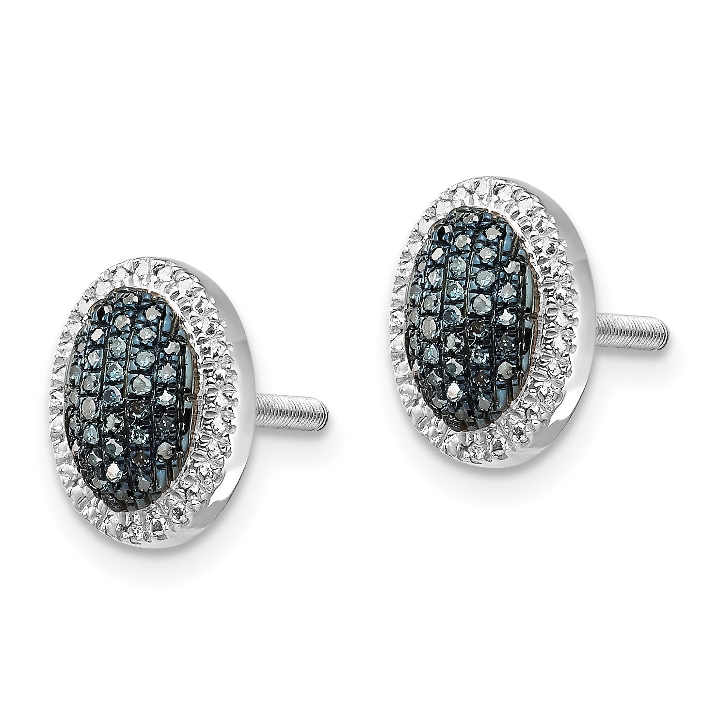 White Night Sterling Silver Rhodium-plated Blue Diamond Oval Screwback Post Earrings