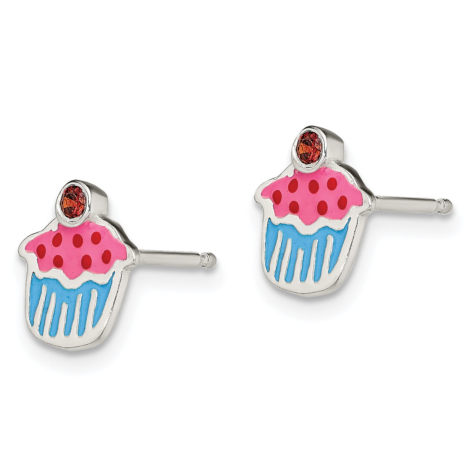 Sterling Silver Polished Enamel Garnet Cupcake Childs Post Earrings Secondary image