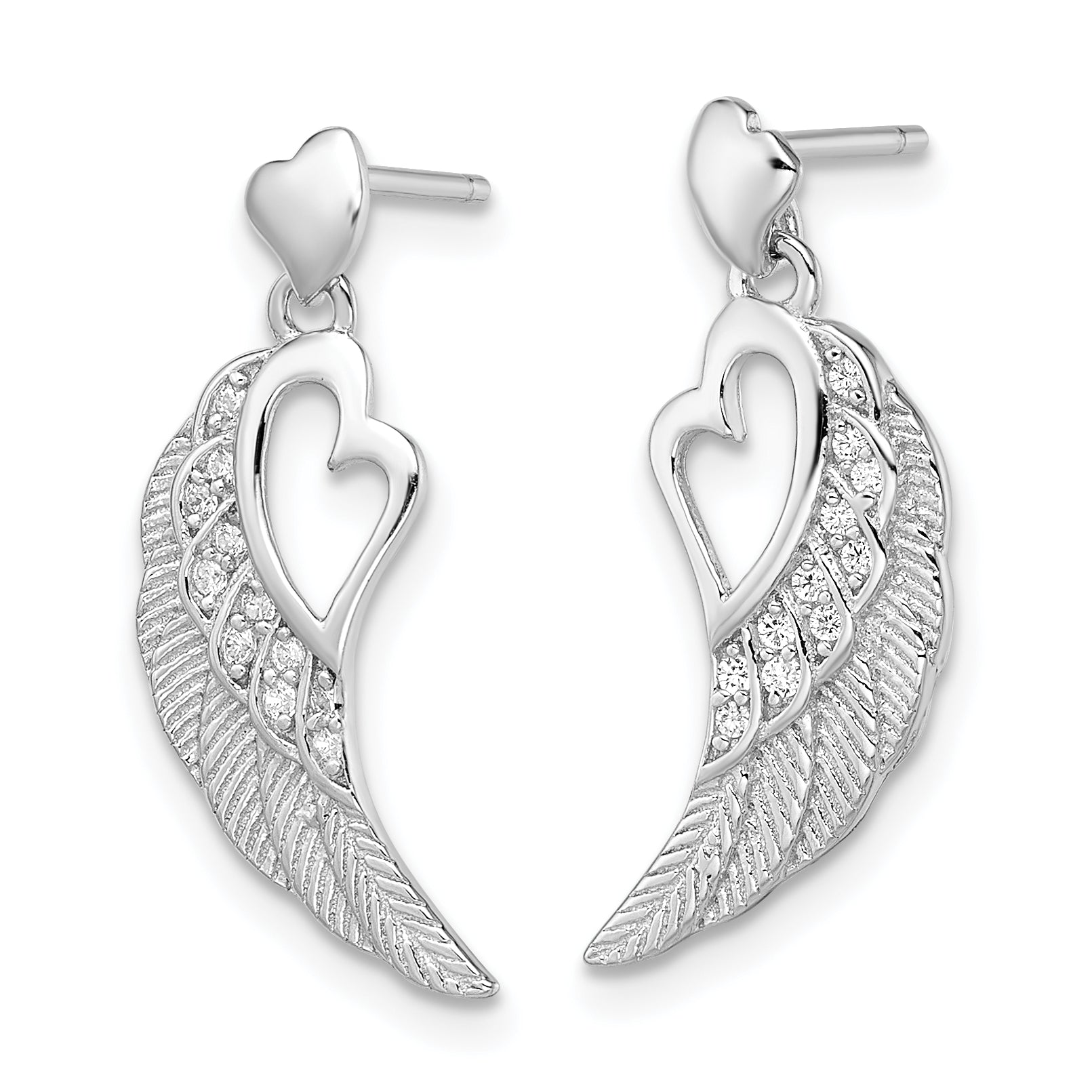 Sterling Silver Rhodium-plated Polished & Textured CZ Open Heart Wings Post Dangle Earrings Secondary image