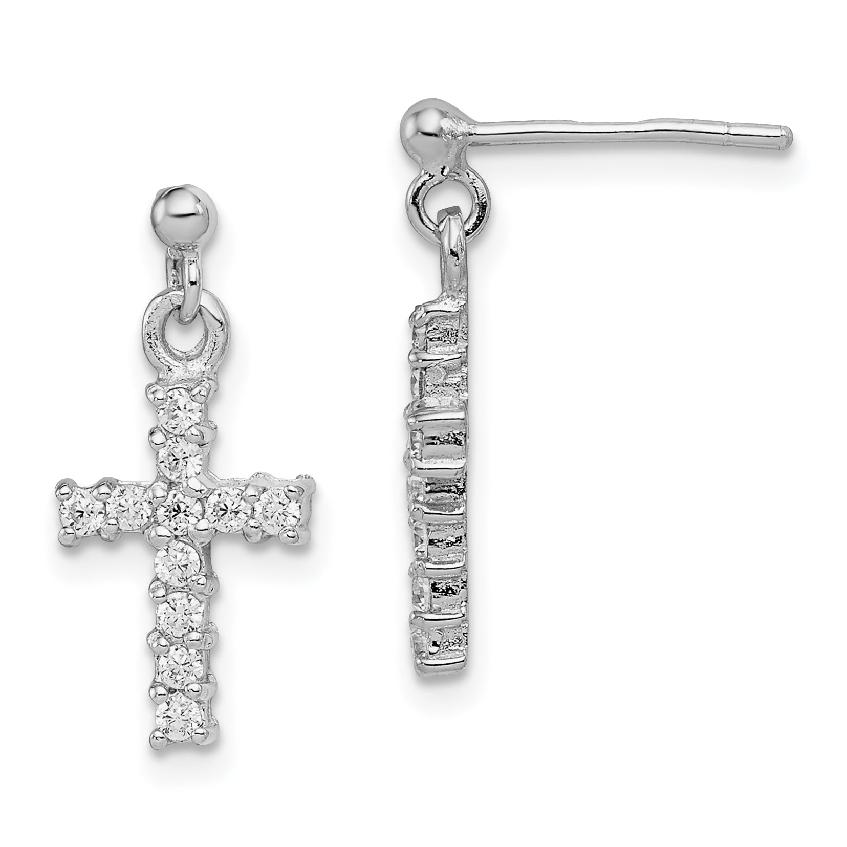 Sterling Silver Rhodium-plated Polished CZ Cross Post Dangle Earrings Main image