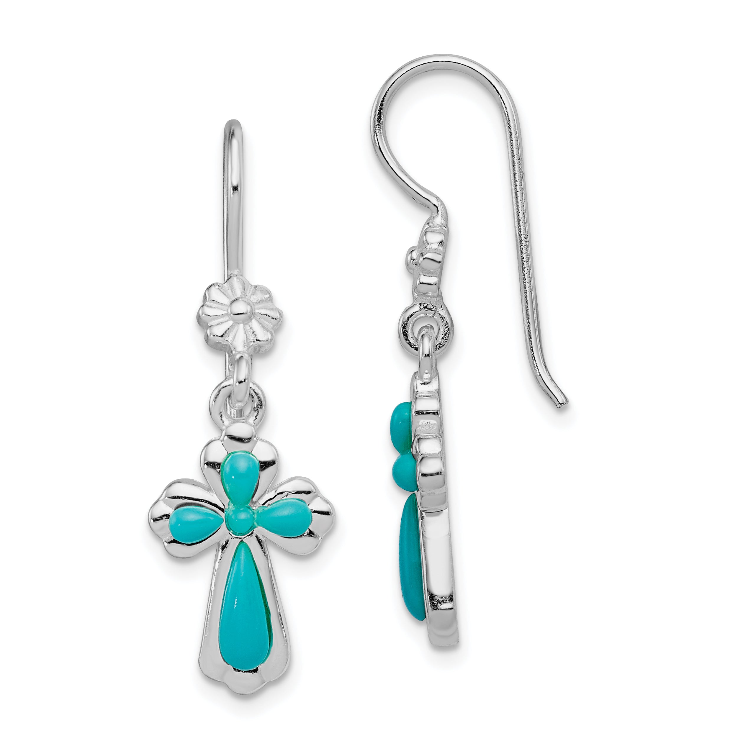 Sterling Silver Rhodium-plated Polished Imitation Turquoise Cross & Flower Dangle Earrings Main image