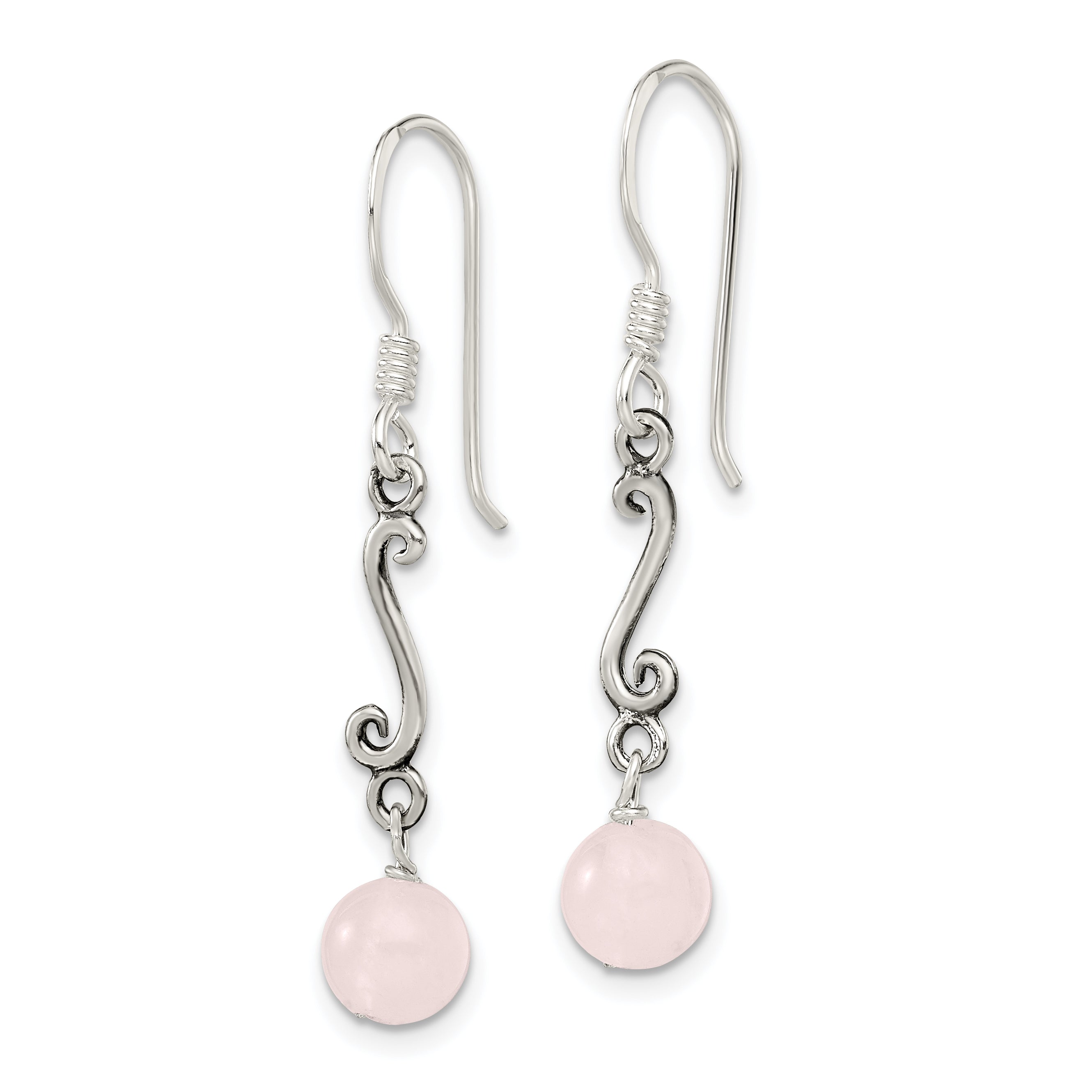 Sterling Silver Polished & Antiqued Rose Quartz Swirl Dangle Earrings Secondary image