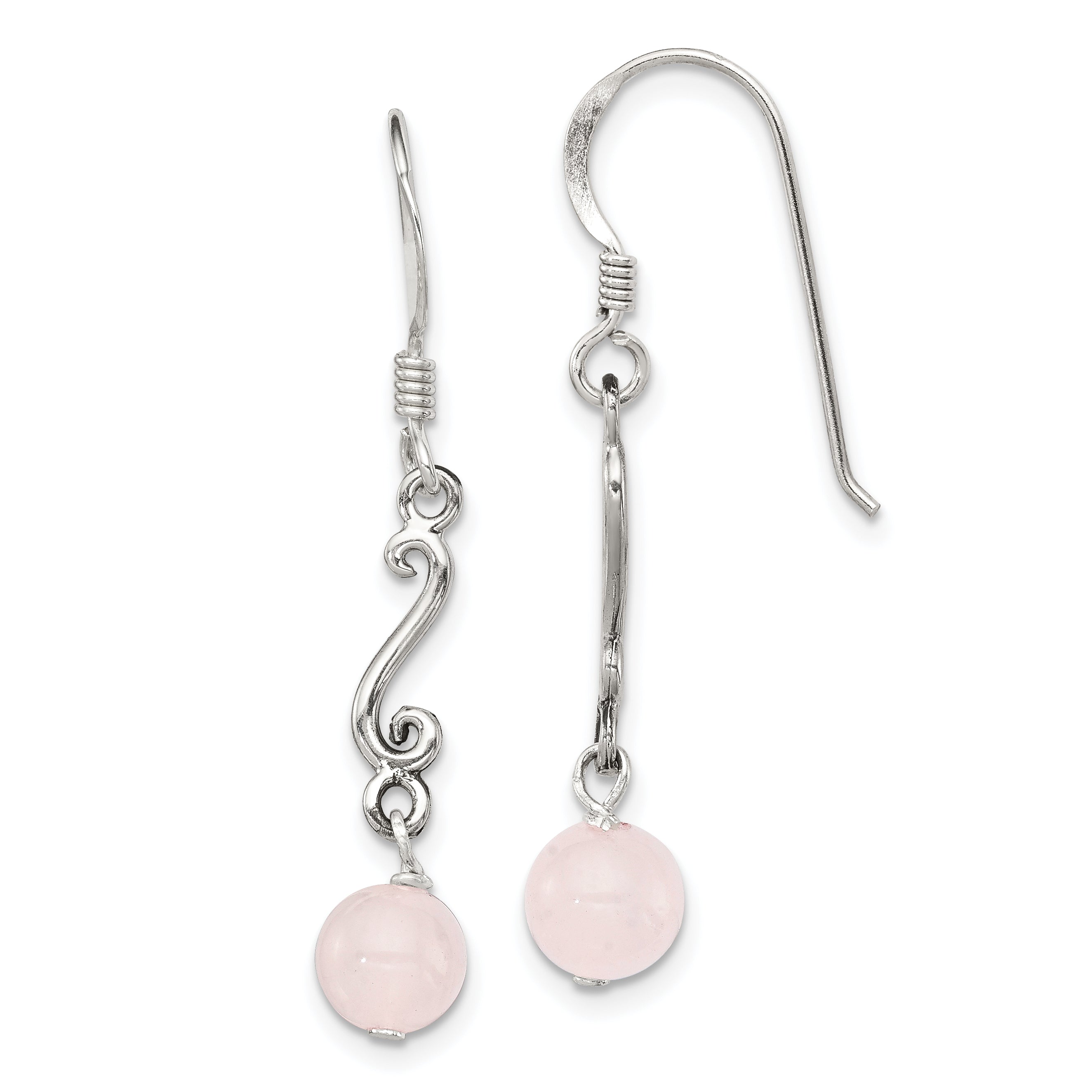 Sterling Silver Polished & Antiqued Rose Quartz Swirl Dangle Earrings Main image
