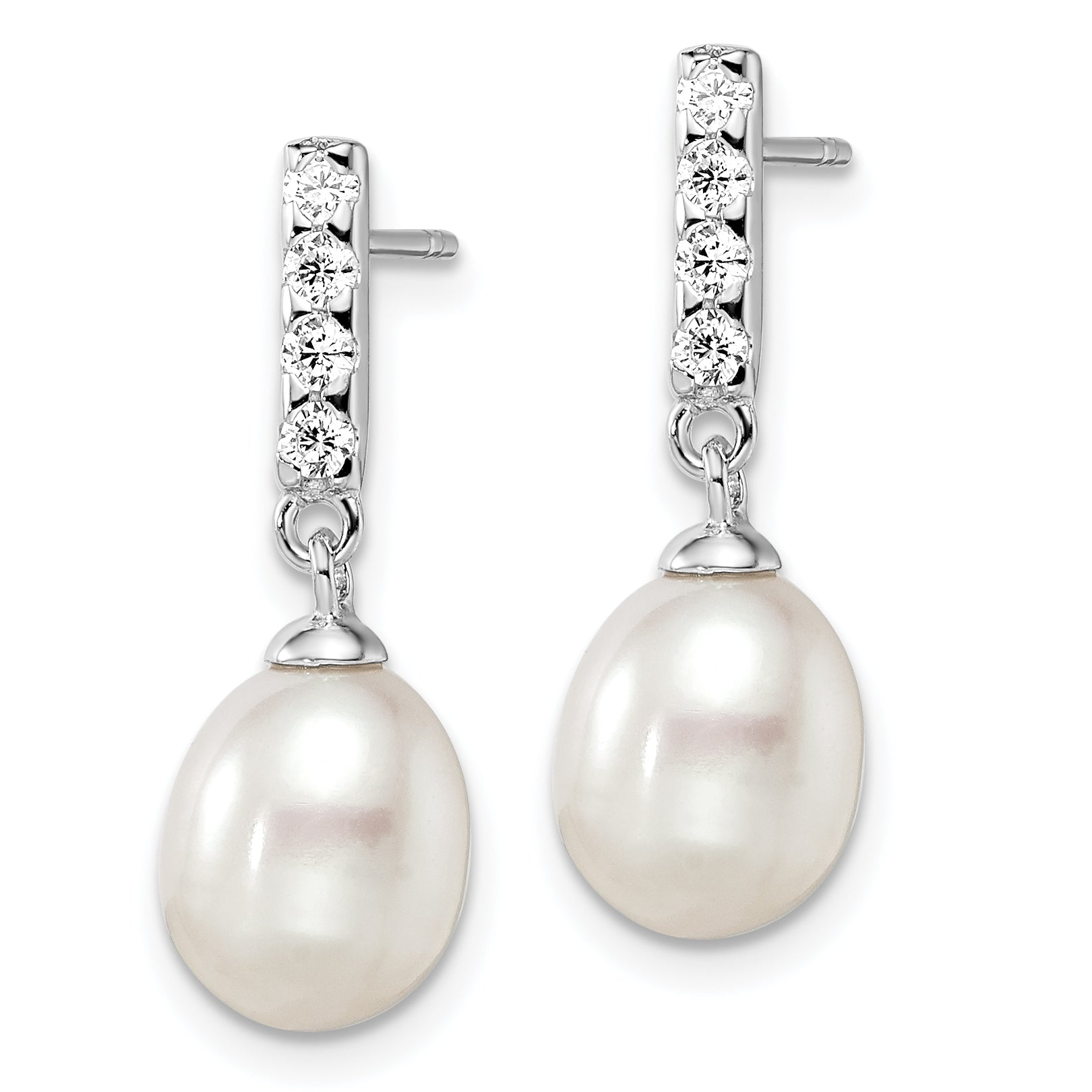 Sterling Silver Rhodium-plated 8-9mm White FWC Pearl CZ Post Earrings Secondary image