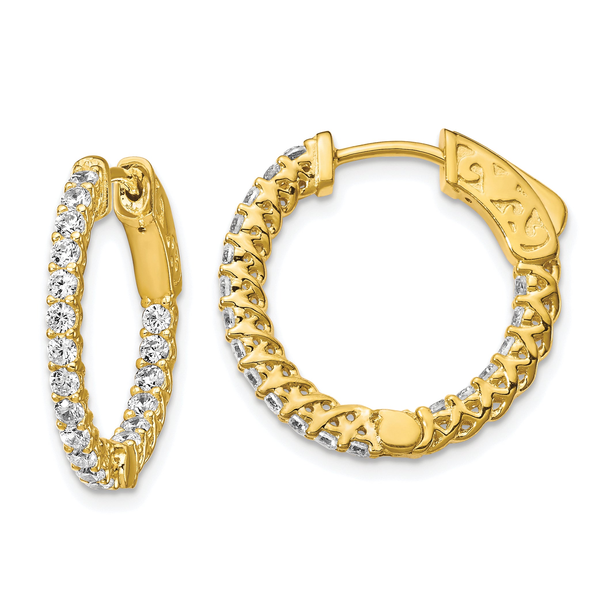 Sterling Shimmer Sterling Silver Gold-tone Flash Gold-plated 38 Stone 1.75mm CZ In and Out Round Hinged Hoop Earrings Main image