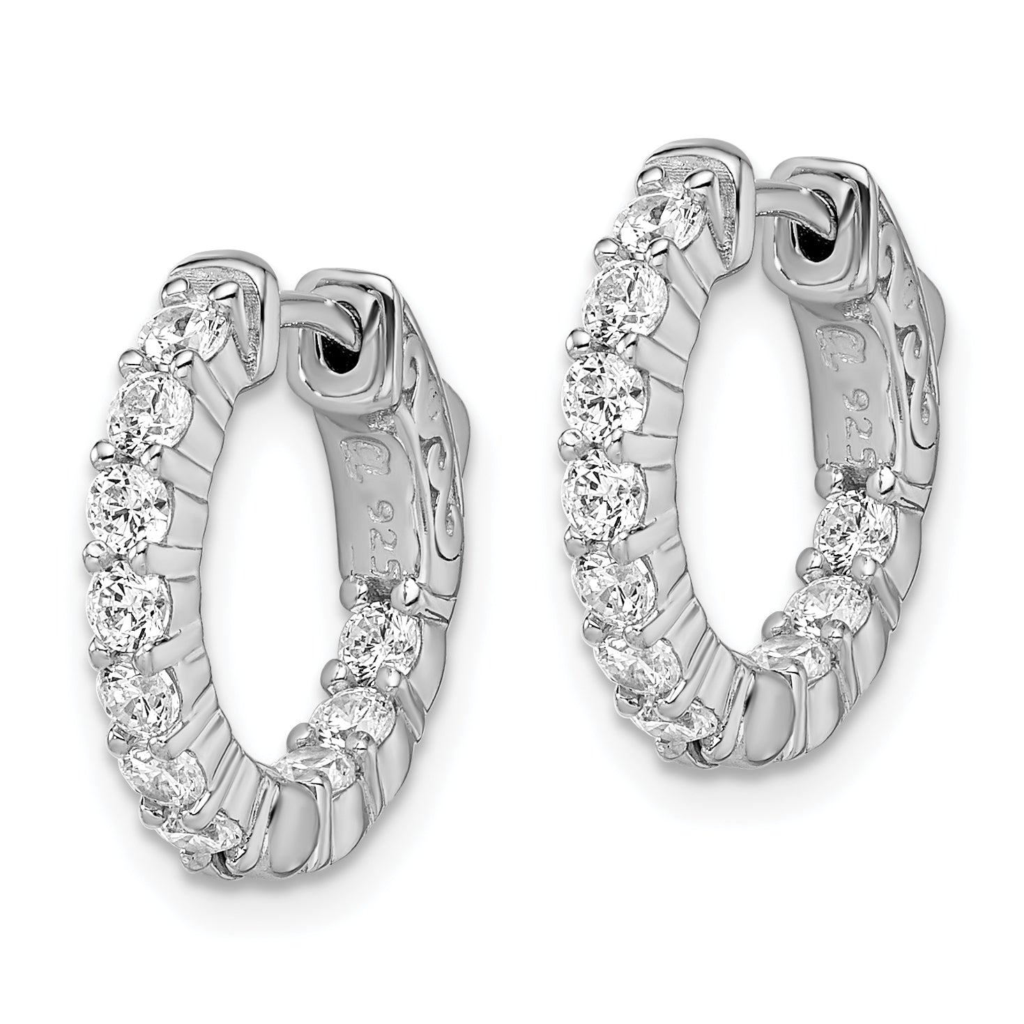 Sterling Shimmer Sterling Silver Rhodium-plated 20 Stone 2.3mm CZ In and Out Round Hinged Hoop Earrings Secondary image