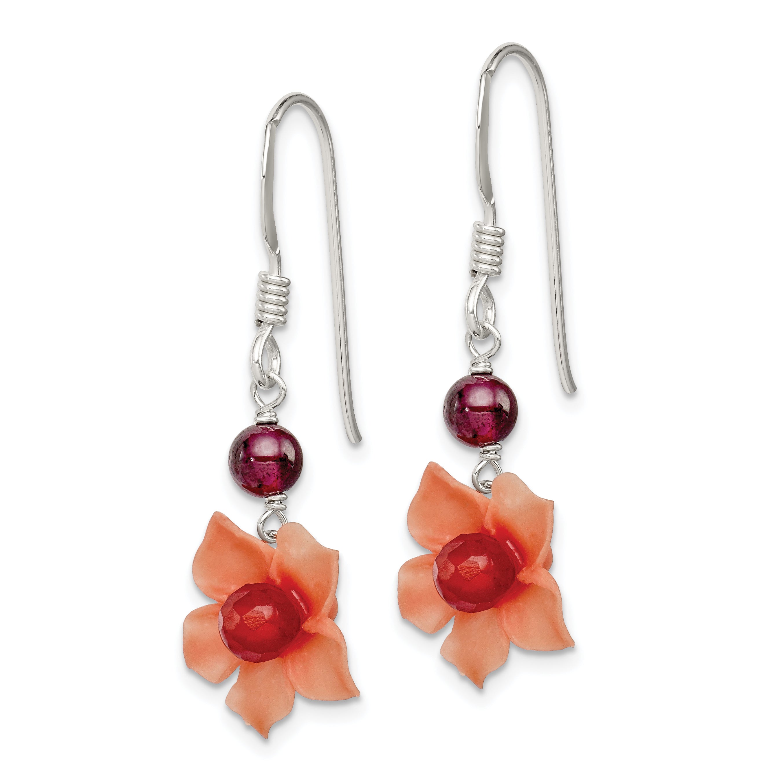Sterling Silver Polished Garnet & Carnelian Flower Dangle Earrings Secondary image