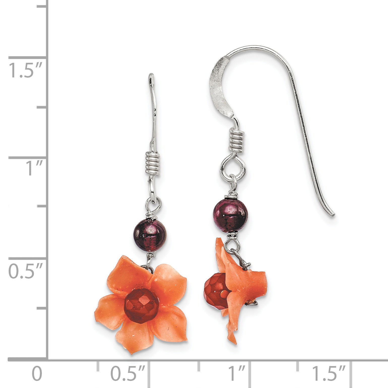 Sterling Silver Polished Garnet & Carnelian Flower Dangle Earrings