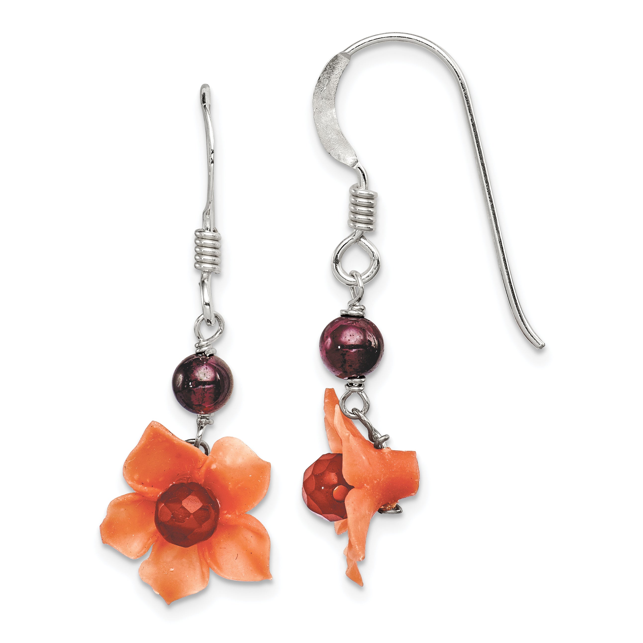 Sterling Silver Polished Garnet & Carnelian Flower Dangle Earrings Main image