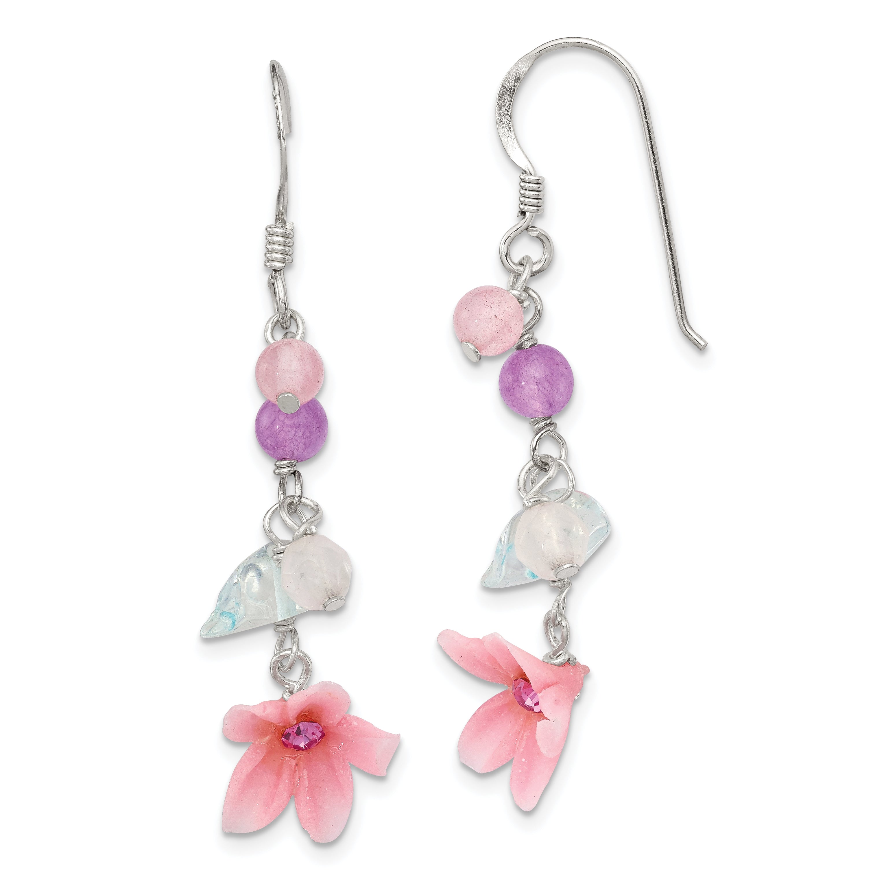 Sterling Silver Polished Amethyst, Agate, Blue Topaz, Pink CZ & Resin Flower Dangle Earrings Main image