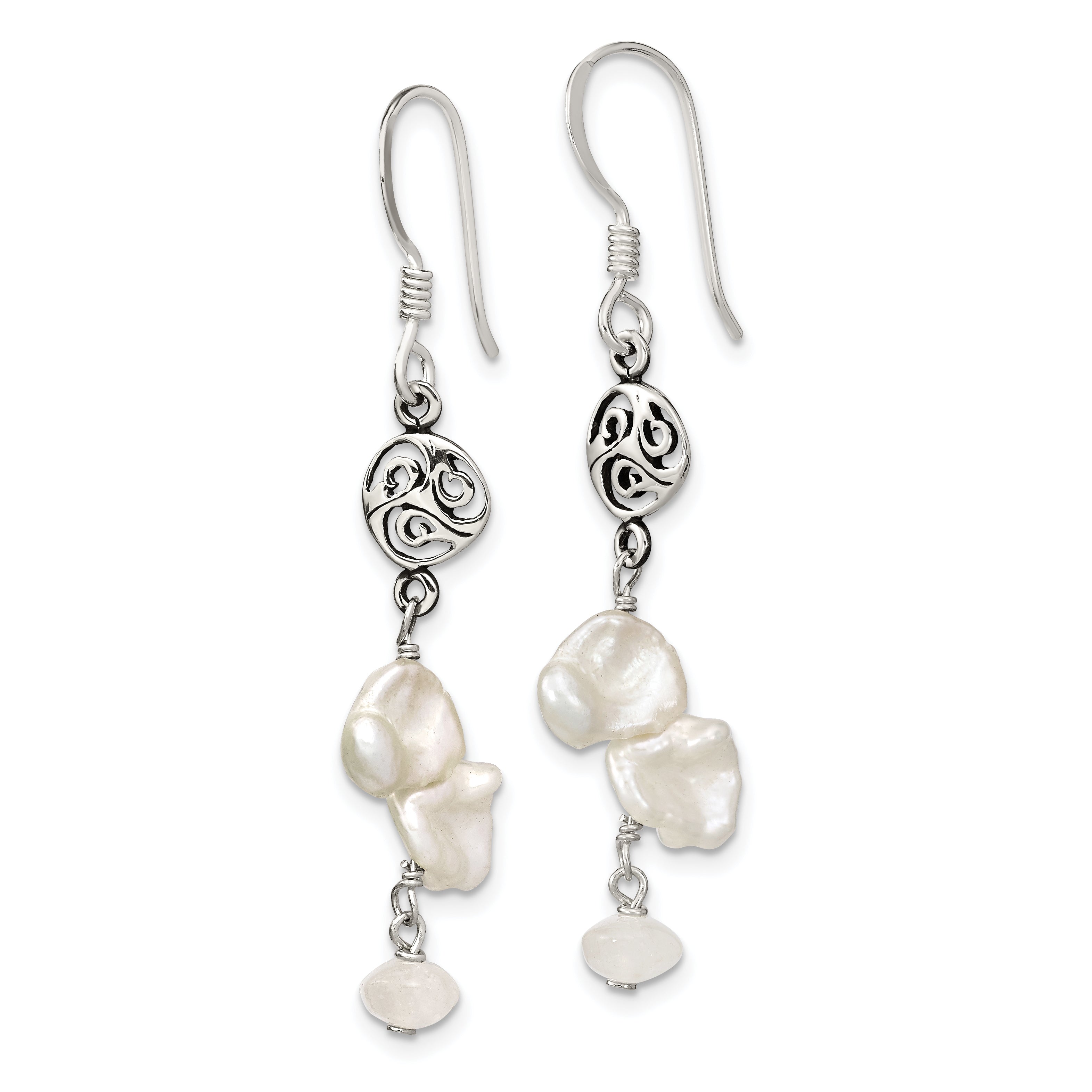 Sterling Silver Polished White 5-9mm Baroque Freshwater Cultured Pearl and Moonstone Fancy Dangle Earrings Secondary image