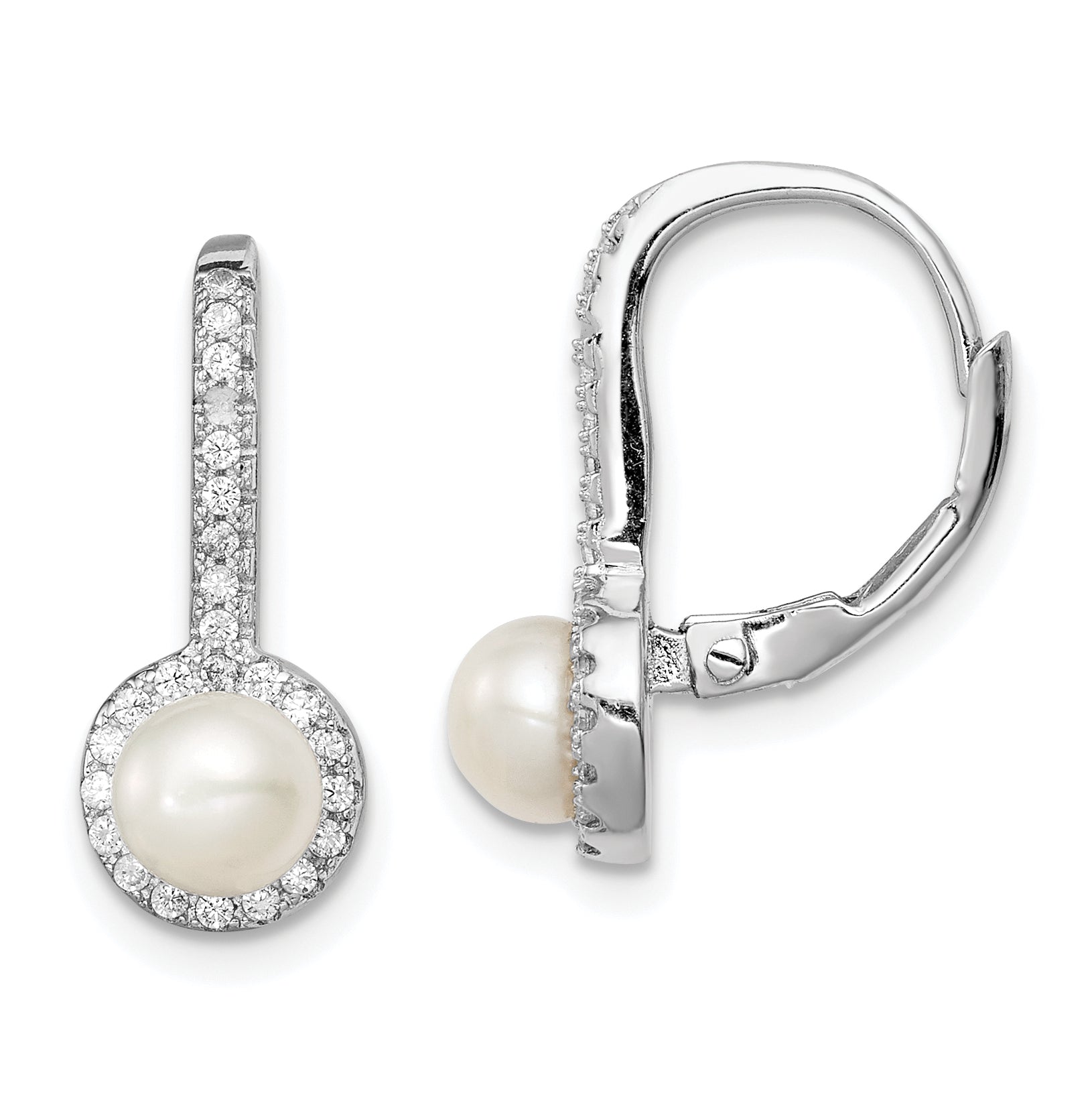Sterling Silver Rhodium-plated Polished White 5-6mm Button Freshwater Cultured Pearl & CZ Halo Leverback Dangle Earrings Main image