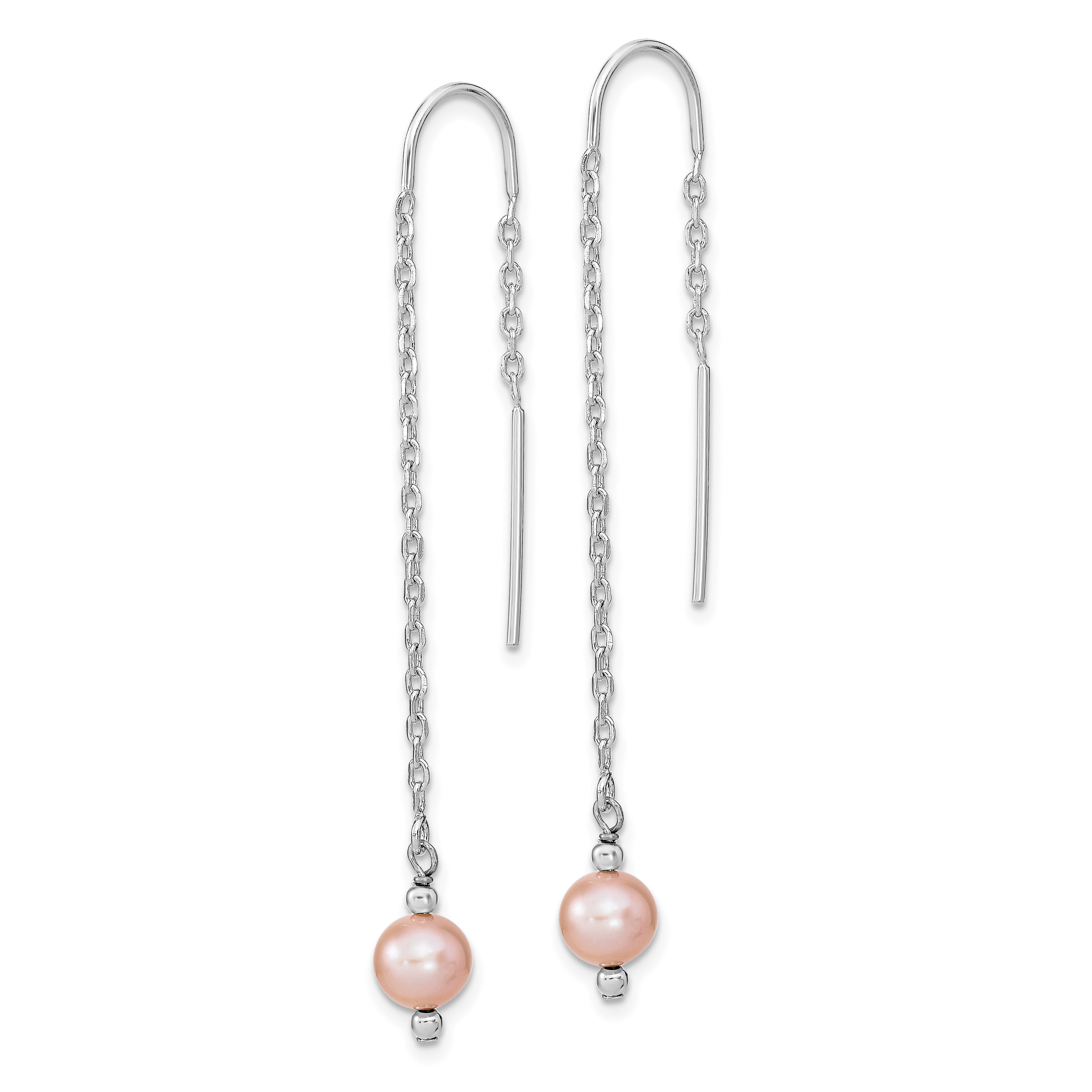 Sterling Silver Rhodium-plated Polished Pink 6-7mm Freshwater Cultured Pearl Threader Earrings Secondary image