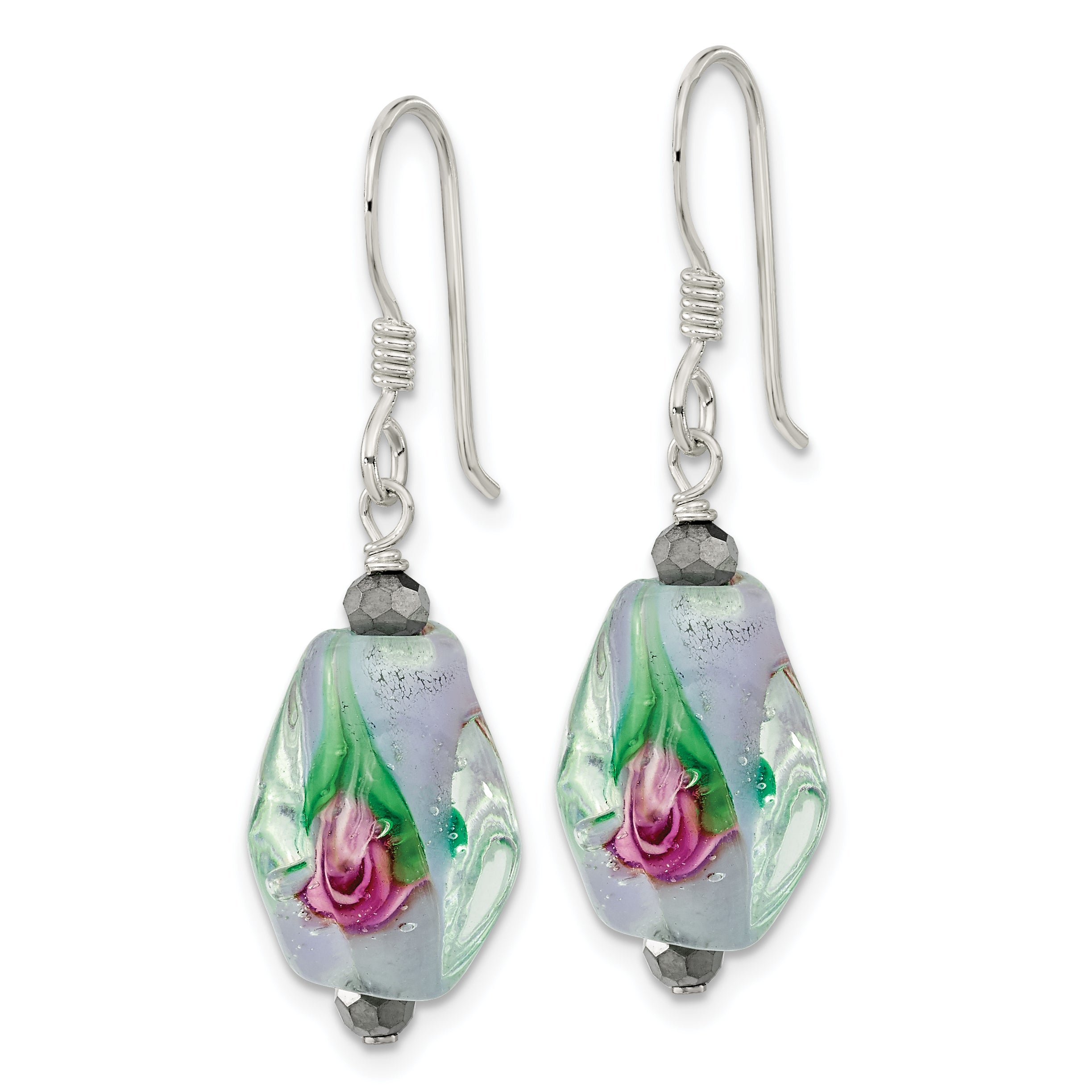 Sterling Silver Polished Hematite & Abstract Glass Dangle Earrings Secondary image