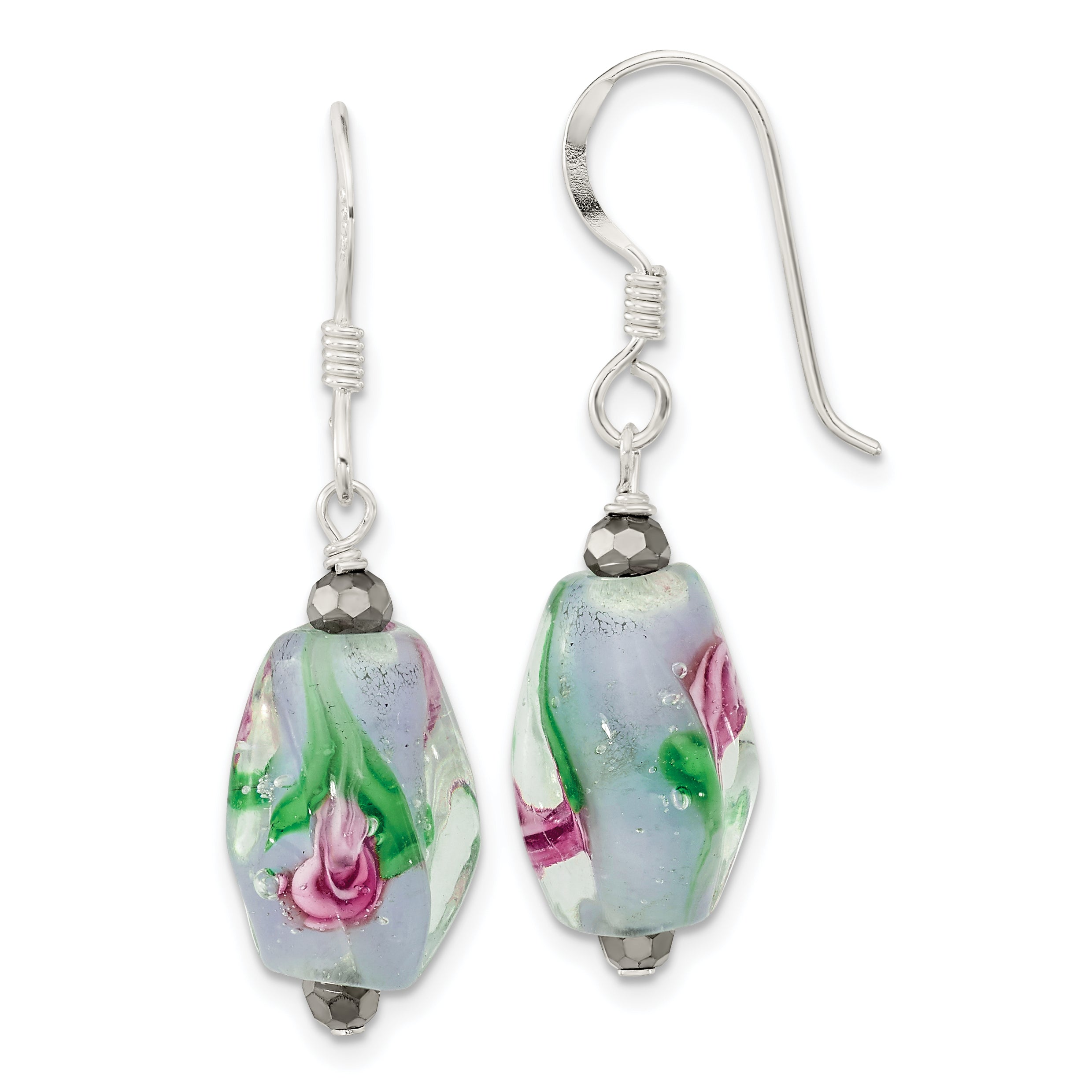 Sterling Silver Polished Hematite & Abstract Glass Dangle Earrings Main image