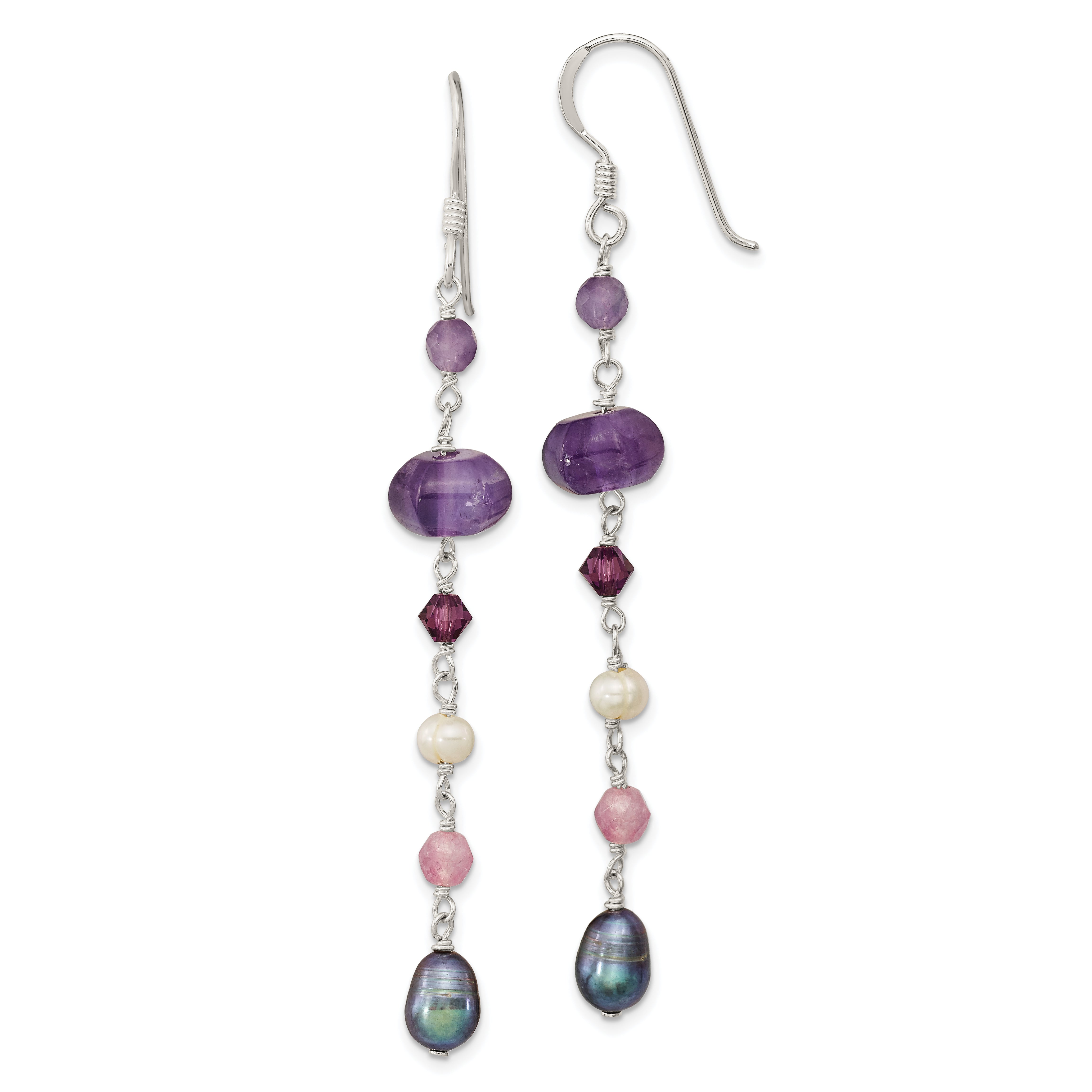 Sterling Silver Polished Amethyst, Lavendar Jade, White & Black Freshwater Cultured Pearl Dangle Earrings Main image