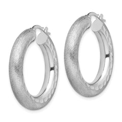 Sterling Silver Rhodium-plated Diamond-cut Polished/Satin 5mm Hoop Earrings