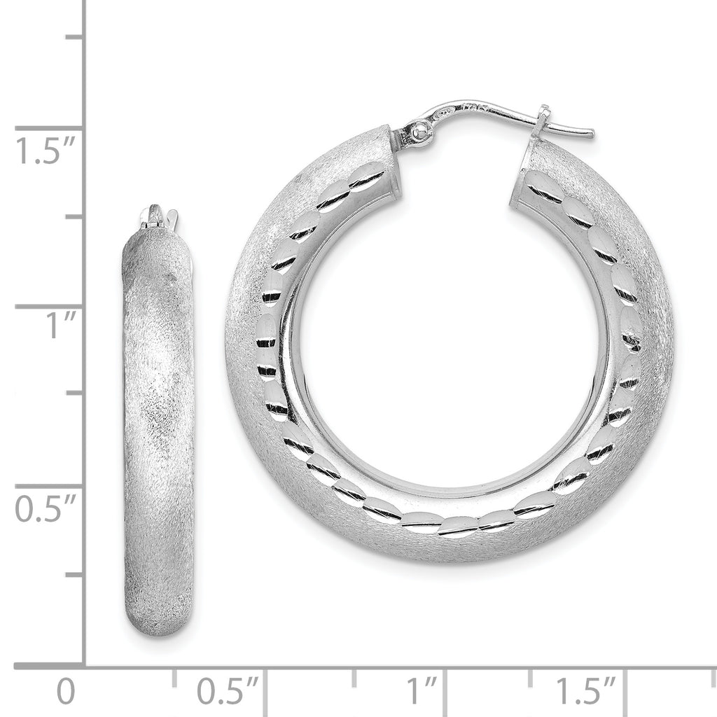 Sterling Silver Rhodium-plated Diamond-cut Polished/Satin 5mm Hoop Earrings