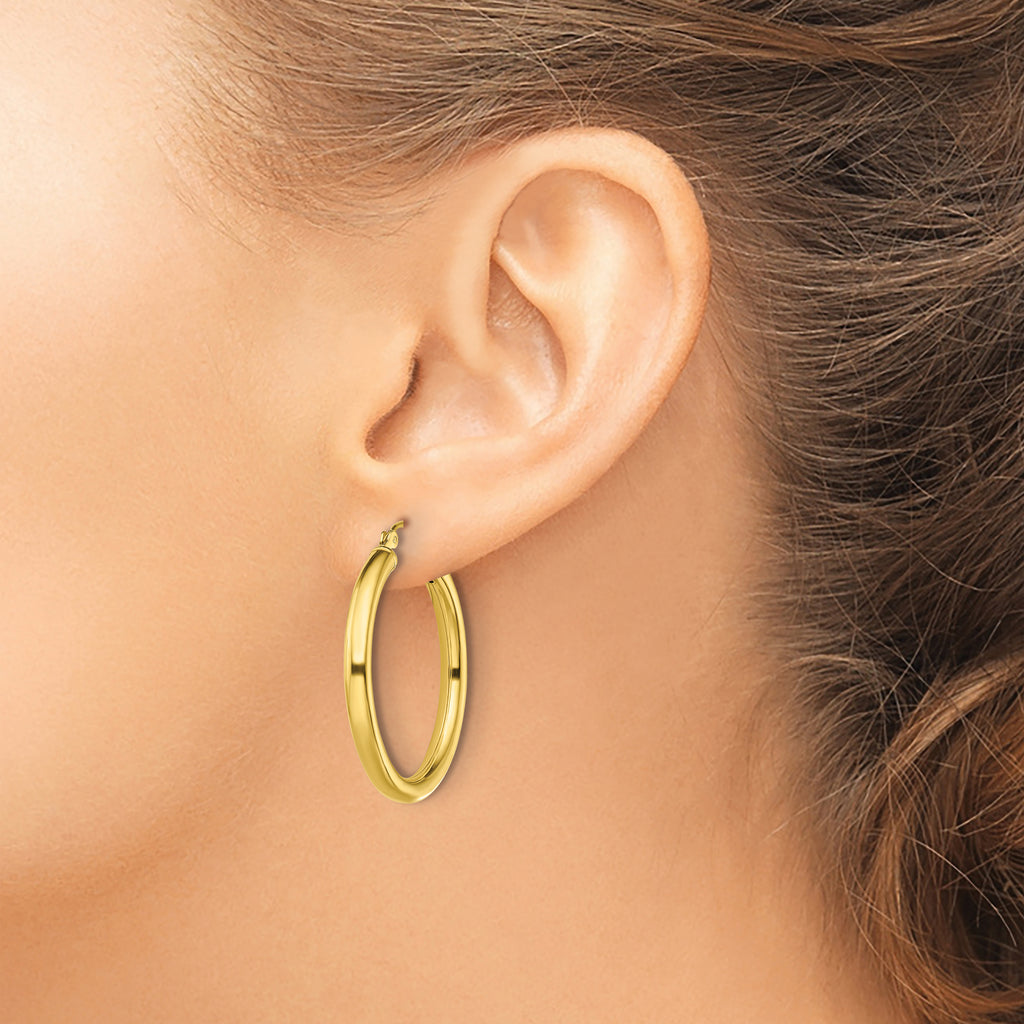 Sterling Silver Gold-Tone Polished 3x30mm Hoop Earrings