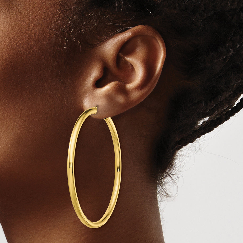 Sterling Silver Gold-Tone Polished 3x55mm Hoop Earrings