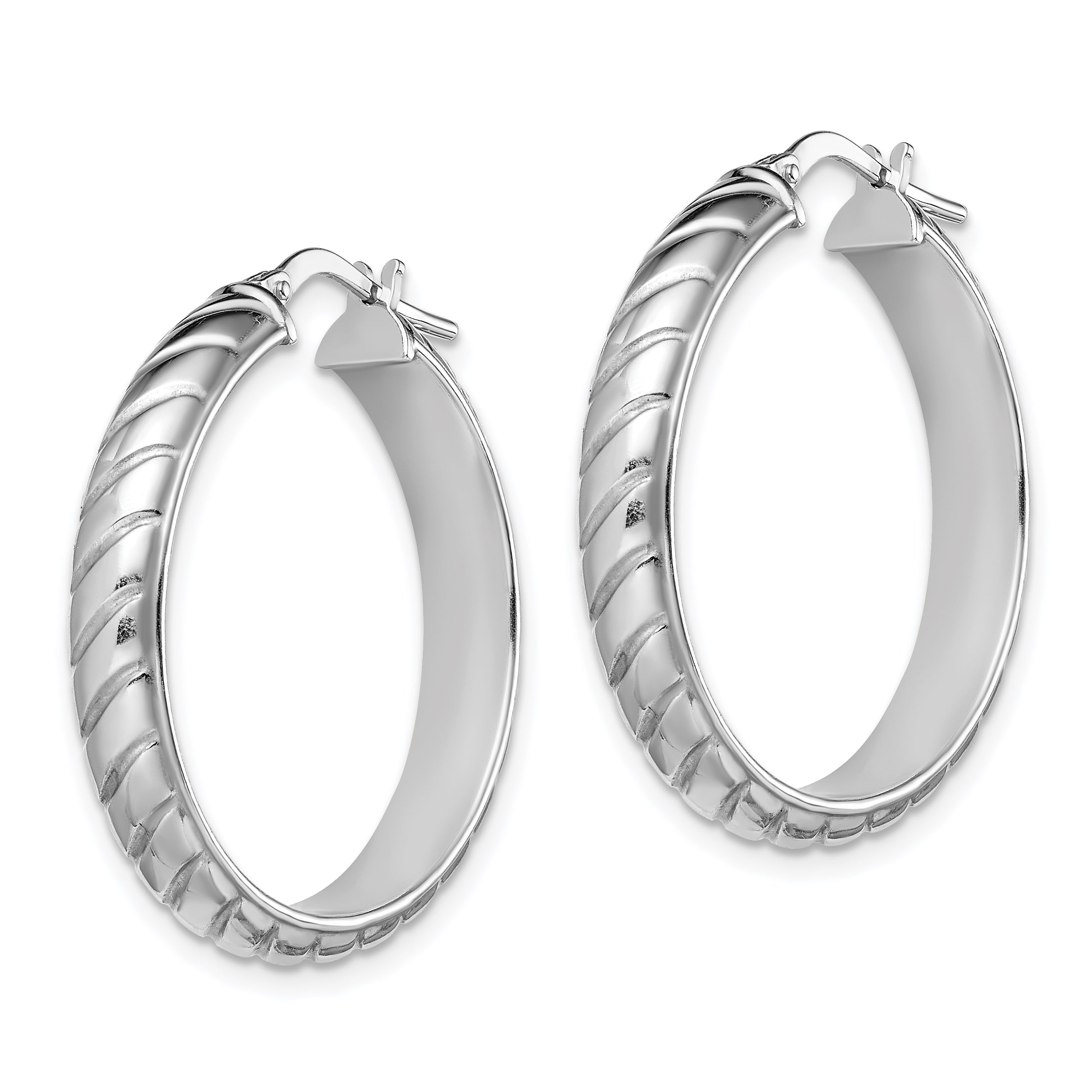 Sterling Silver Rhodium-plated 5x25mm Polished Textured Hoops Secondary image
