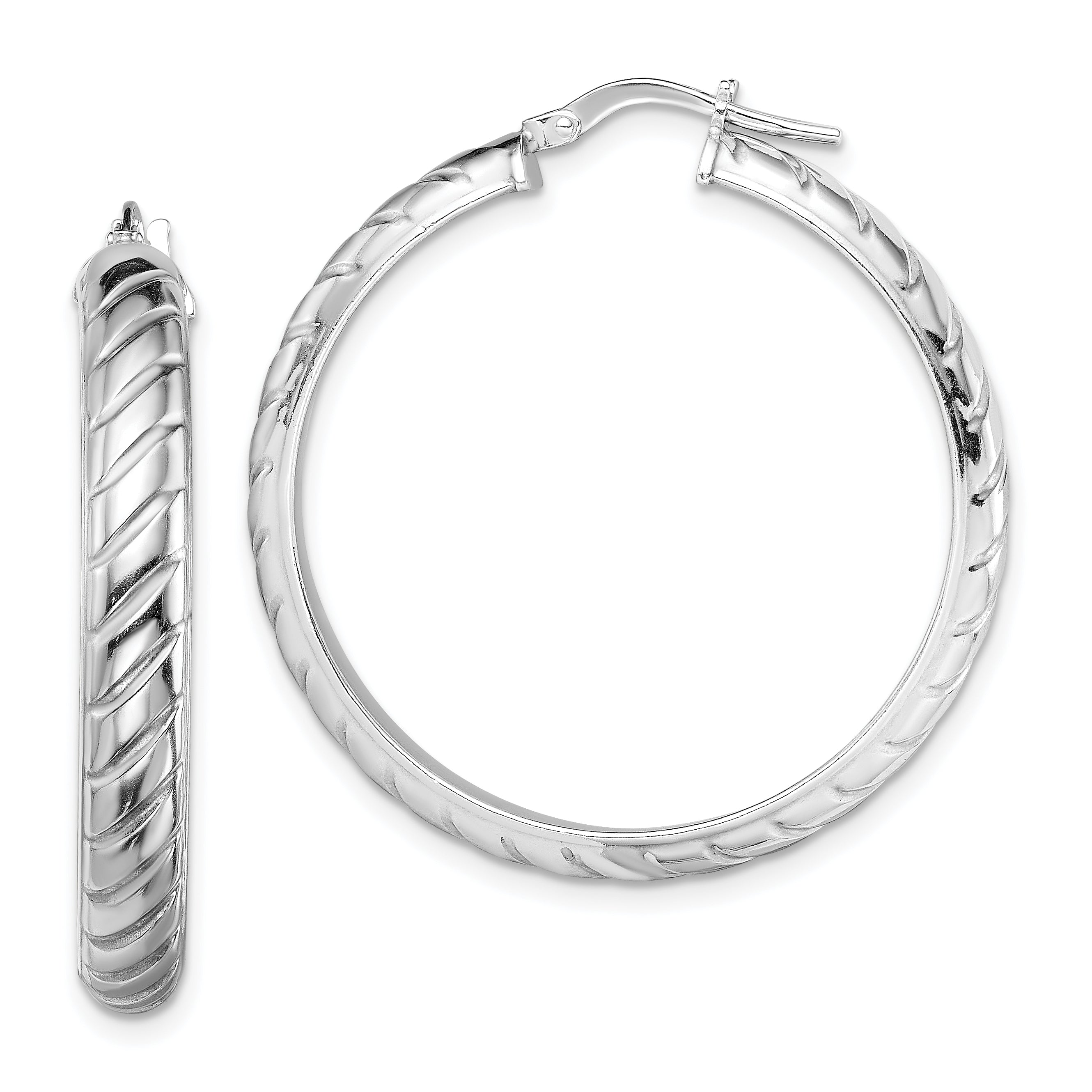 Sterling Silver Rhodium-plated 5x30mm Polished Textured Hoops Main image