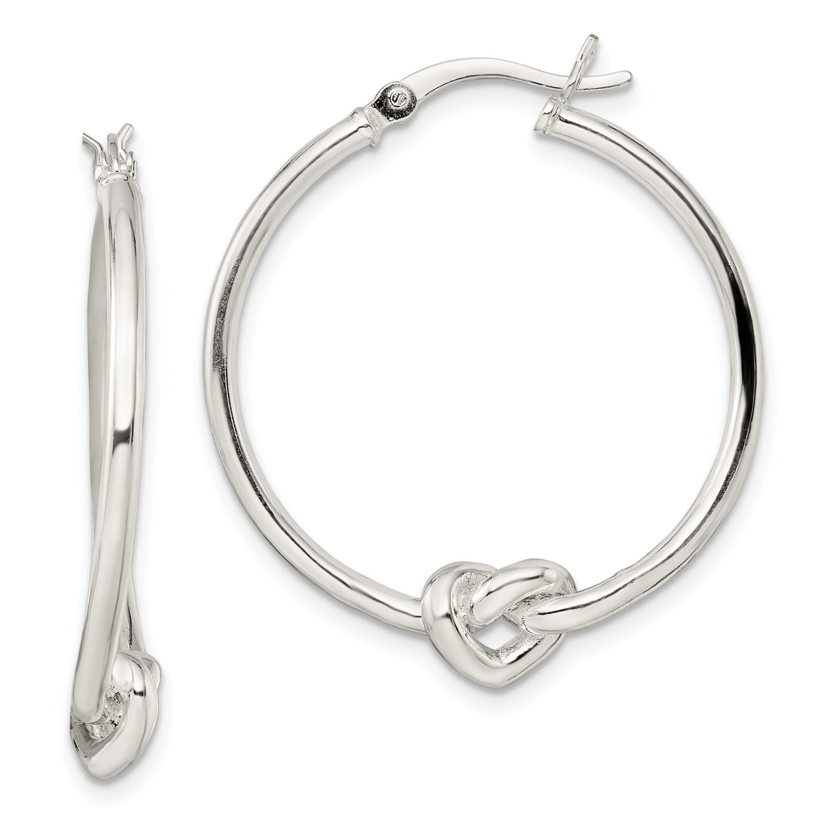 Heart Knot Round Hoop Earrings in Sterling Silver, 34mm Hinged - Sophia Jewelers Main image