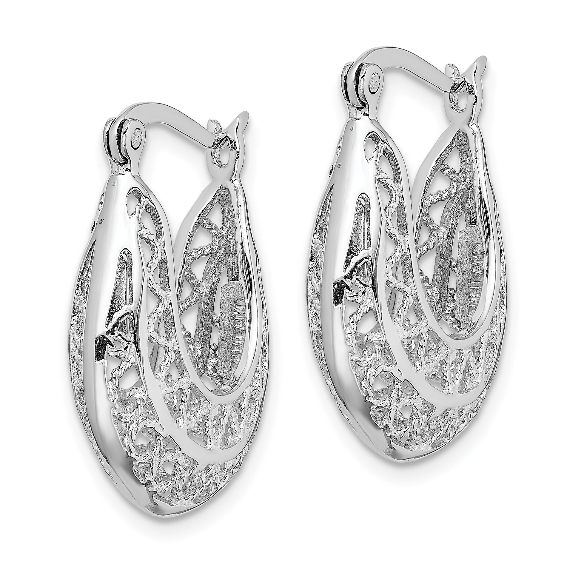 Sterling Silver Rhodium-plated Polished & Filigree Hoop Earrings Secondary image